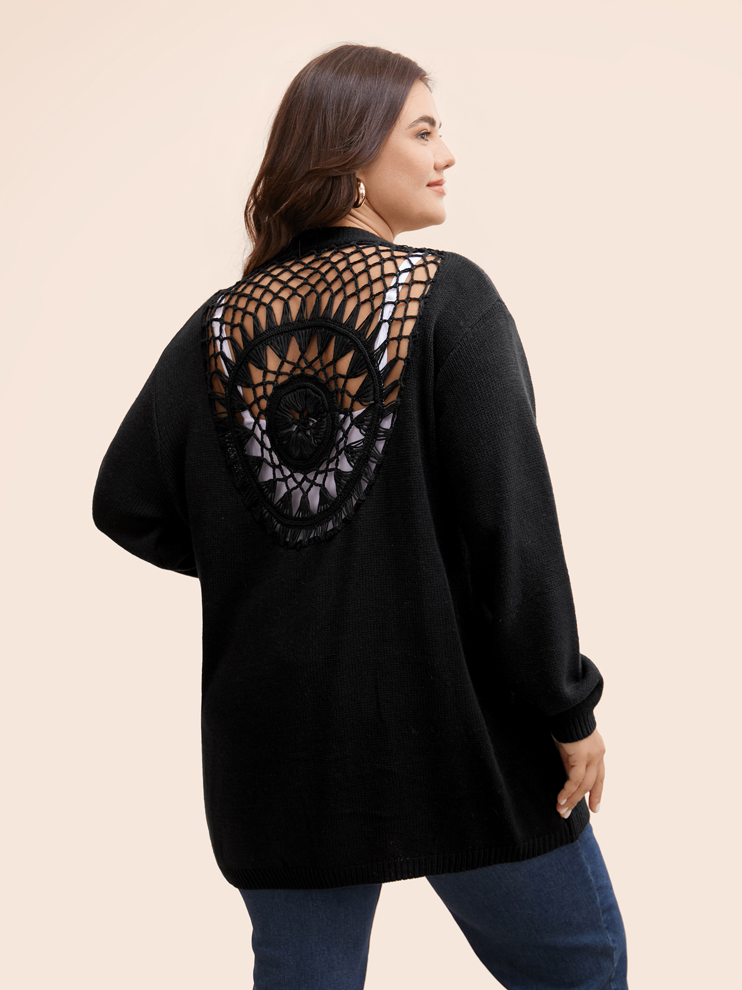 

Plus Size Texture Back Crochet Drawstring Cardigan Black Women Casual Loose Long Sleeve Everyday Cardigans BloomChic