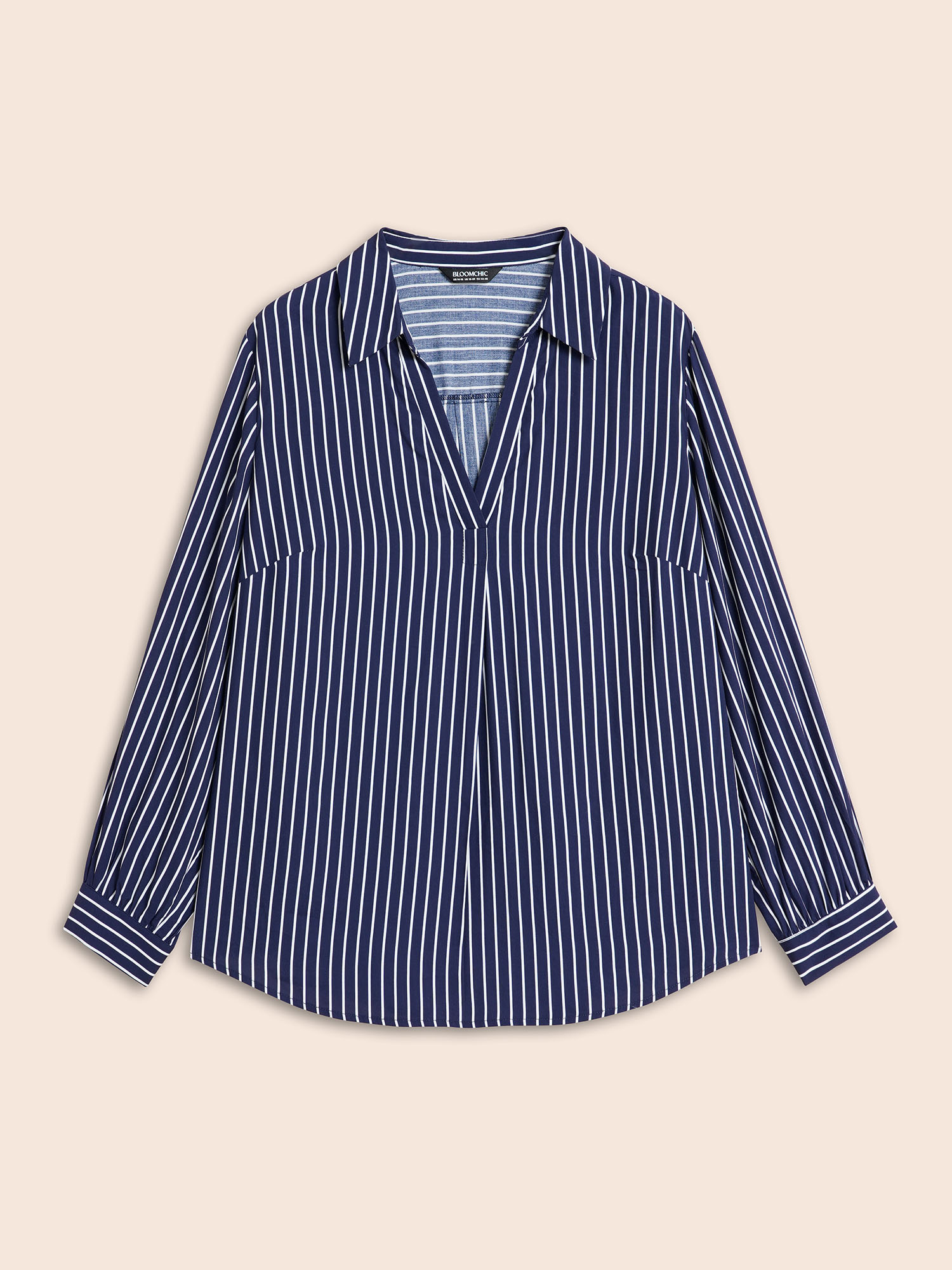 

Plus Size Indigo Shirt Collar Striped Button Up Blouse Women Workwear Essentials Long Sleeve Deep V-neck Work Blouses BloomChic