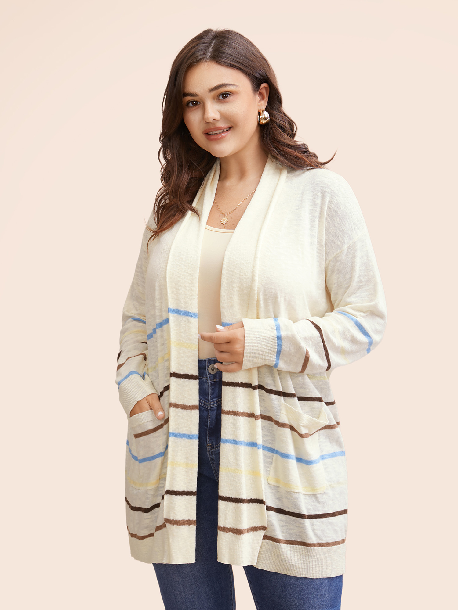 

Plus Size Contrast Striped Pocket Open Front Cardigan Beige Women Casual Loose Three Quater Length Sleeve Everyday Cardigans BloomChic