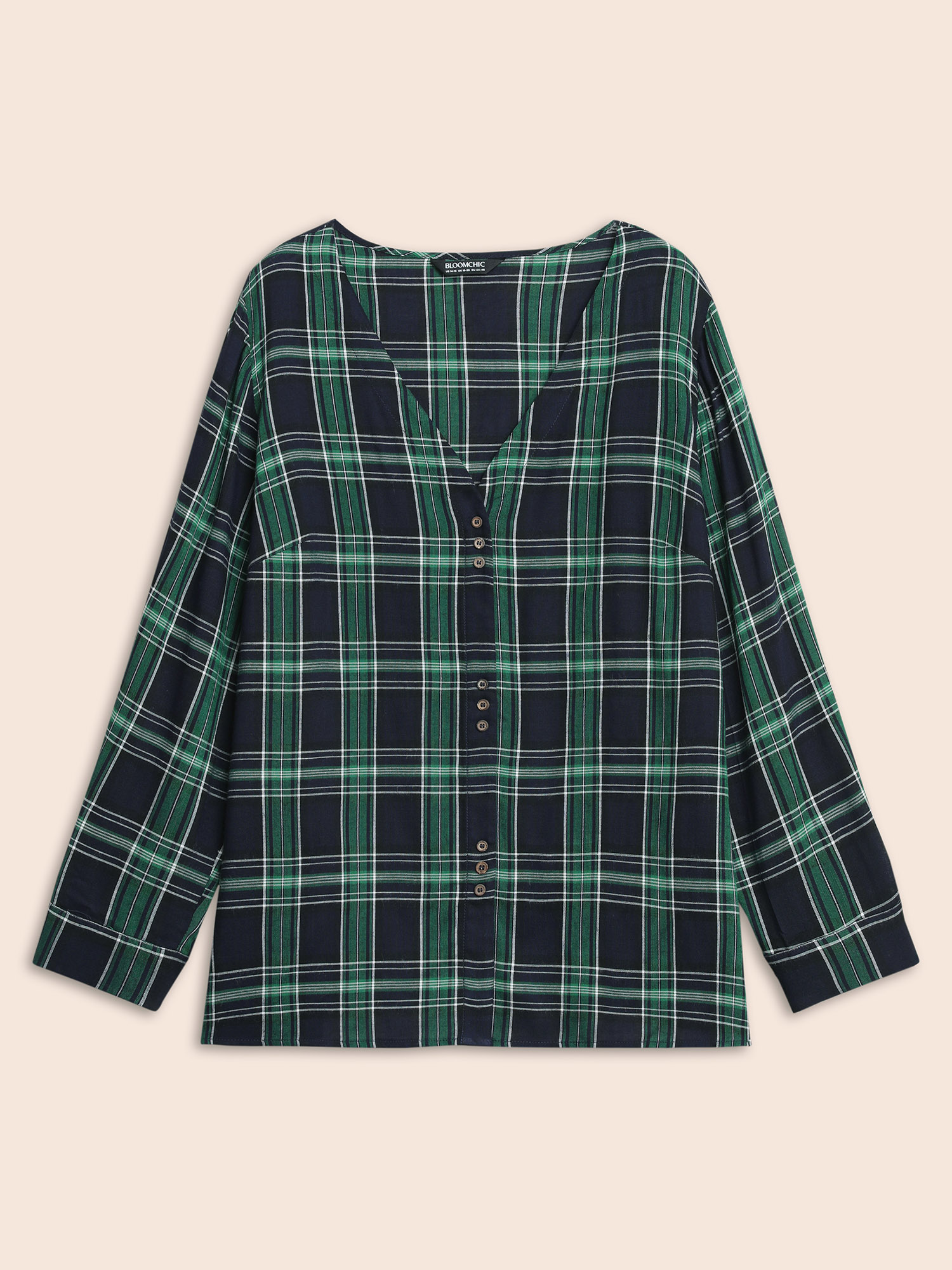 

Plus Size DarkGreen V Neck Plaid Button Detail Blouse Women Casual Long Sleeve V-neck Everyday Blouses BloomChic