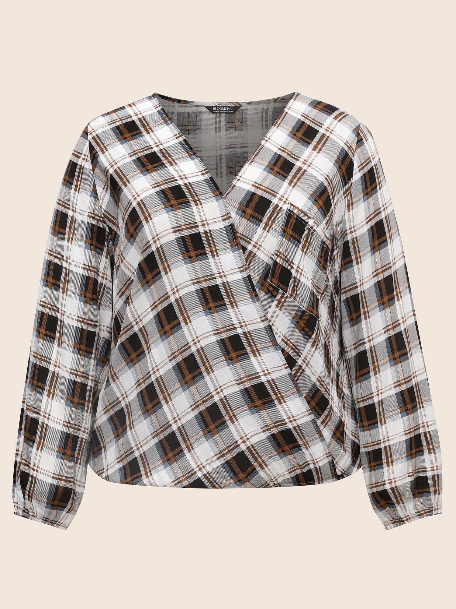 

Plus Size Browncoffeecolor Plaid Overlap Collar Patch Pocket Blouse Women Casual Three Quater Length Sleeve Overlap Collar Everyday Blouses BloomChic