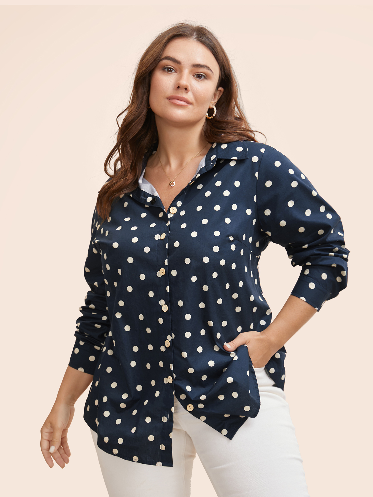 

Plus Size Indigo Polka Dot Shirt Collar Arc Hem Blouse Women Elegant Elbow-length sleeve Shirt collar Everyday Blouses BloomChic