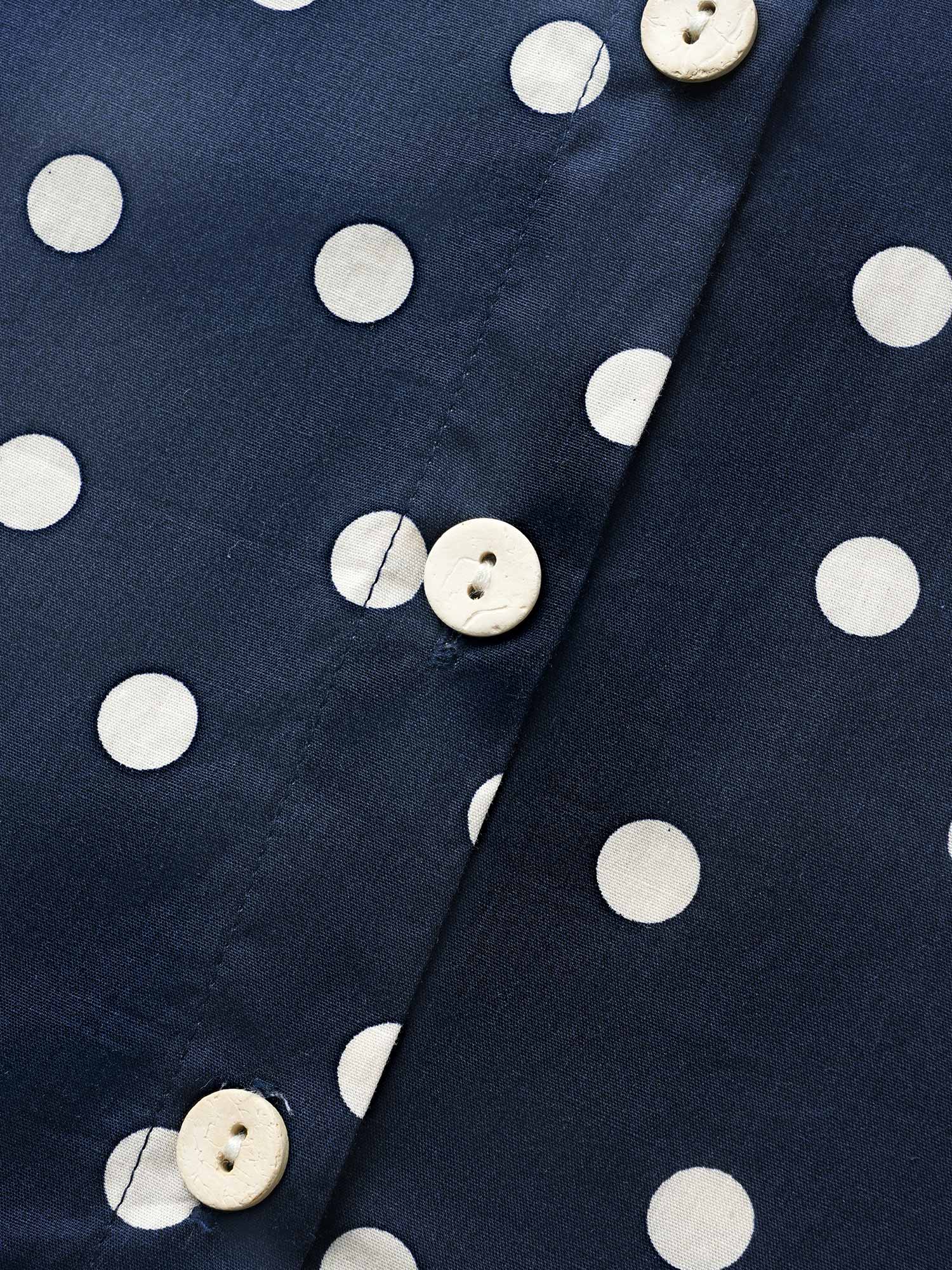 

Cotton Polka Dot Shirt Collar Arc Hem Blouse, Indigo