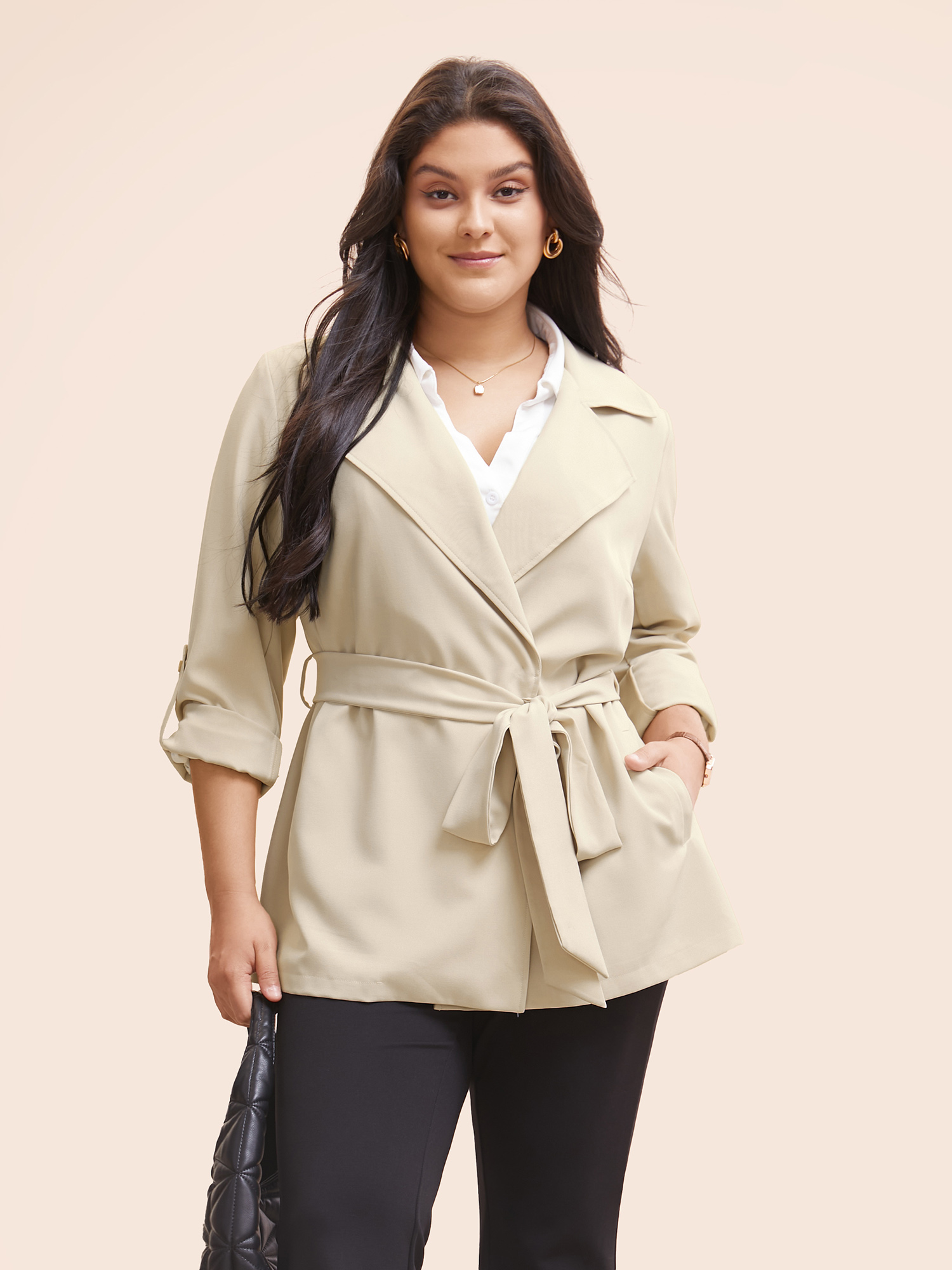 

Plus Size Suit Collar Plain Tab Sleeve Belted Jacket Women Beige Belted Side seam pocket Belt Work Jackets BloomChic