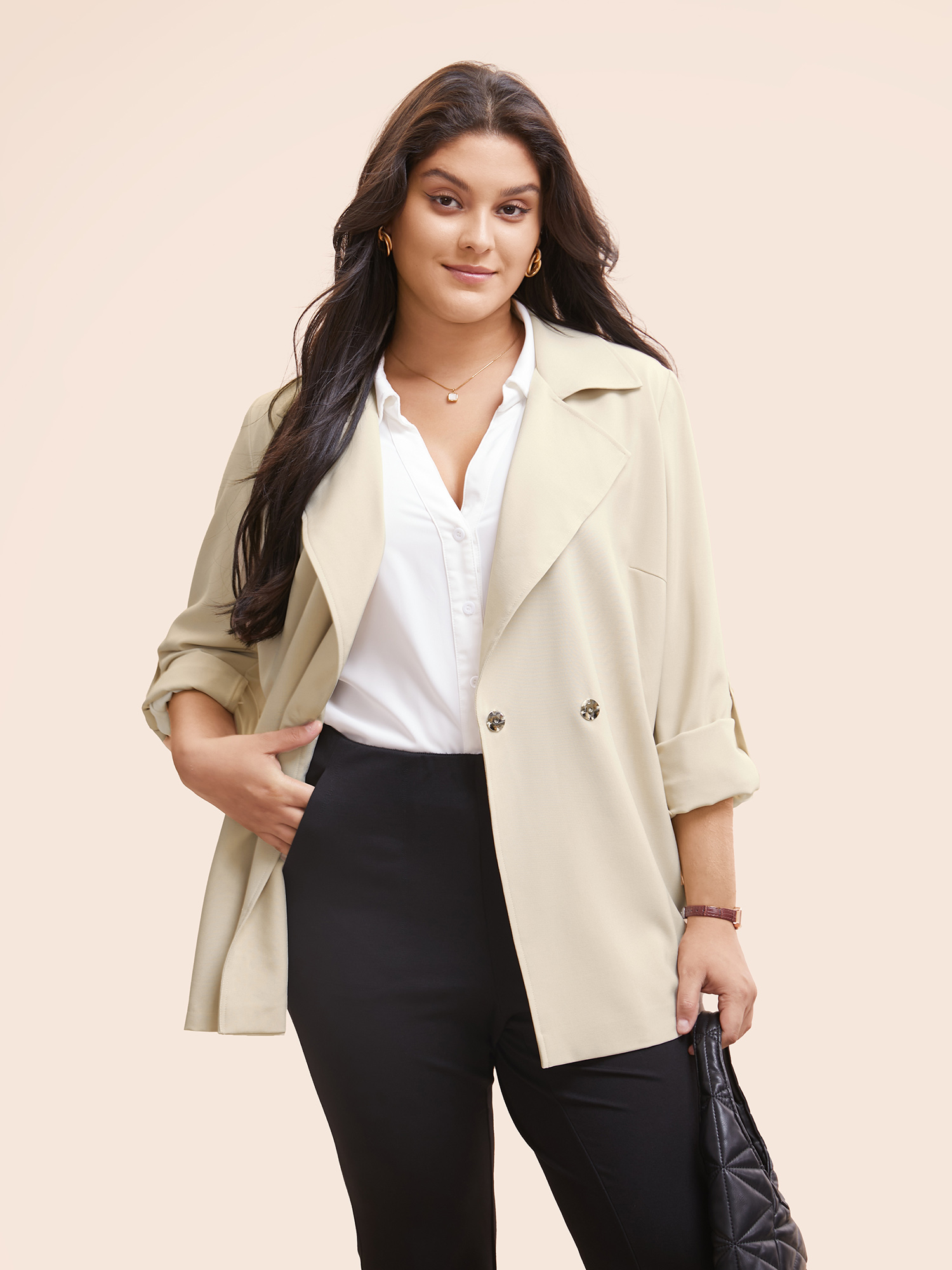 

Plus Size Suit Collar Plain Tab Sleeve Belted Jacket Women Beige Belted Side seam pocket Belt Work Jackets BloomChic