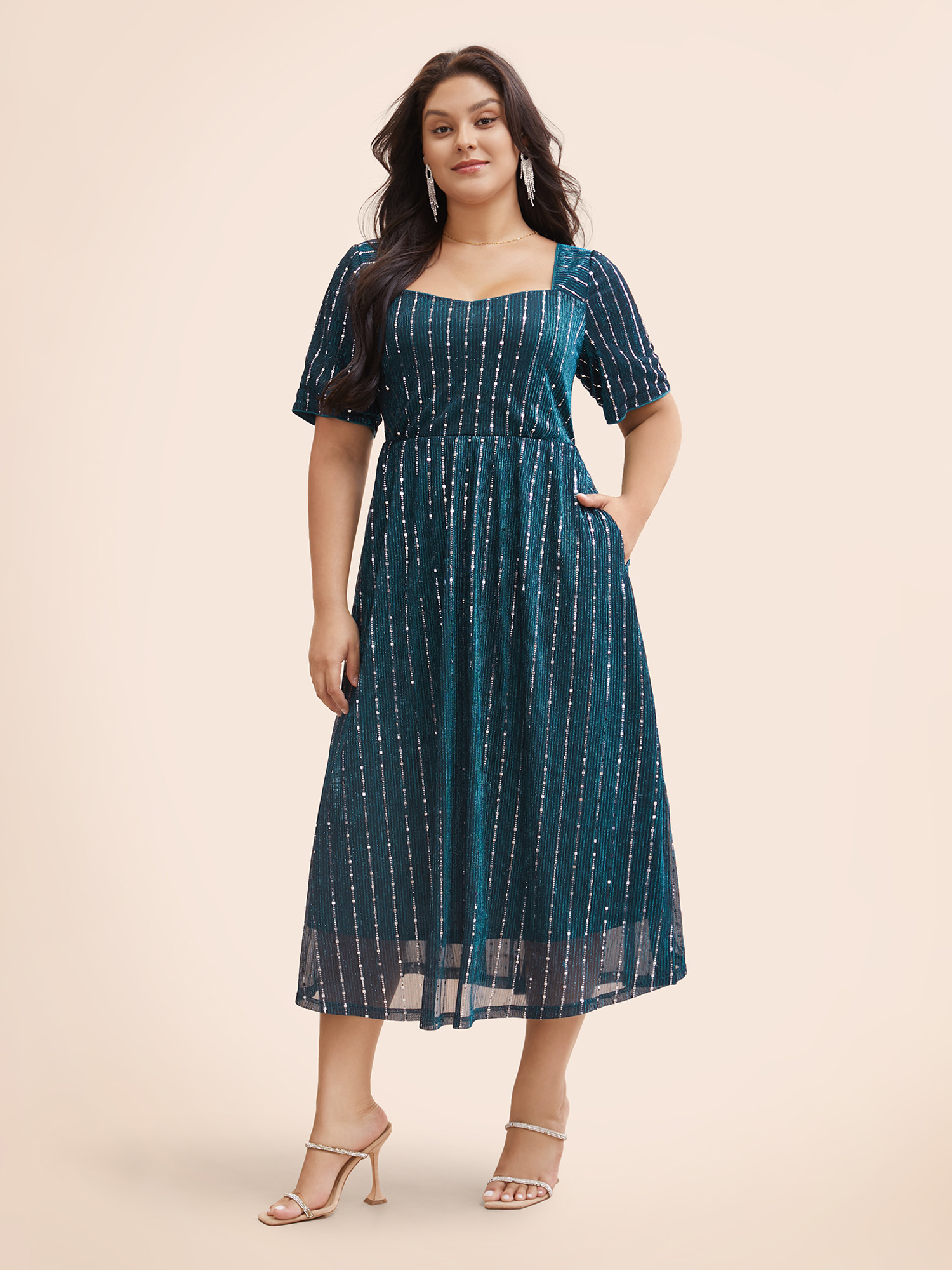 

Plus Size Heart Neckline Striped Glitter Textured Dress Teal Women Cocktail Texture Heart neckline Short sleeve Curvy BloomChic