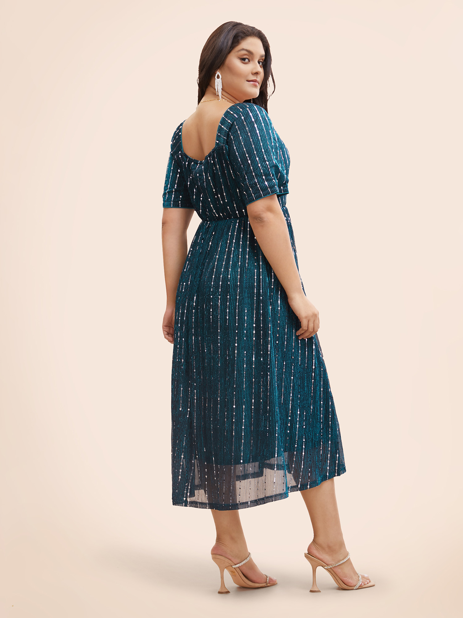 

Plus Size Heart Neckline Striped Glitter Textured Dress Teal Women Cocktail Texture Heart neckline Short sleeve Curvy BloomChic