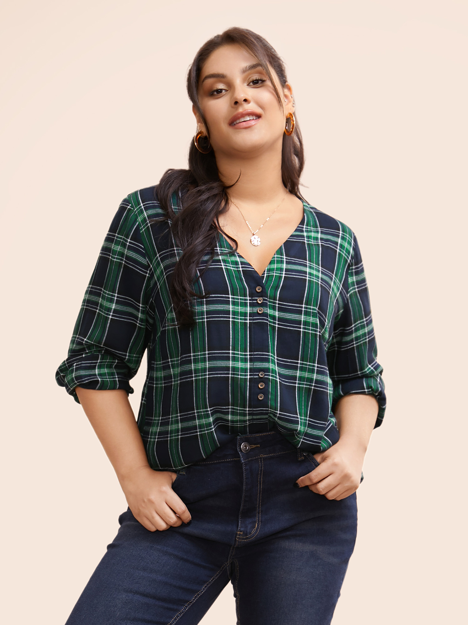 

Plus Size DarkGreen V Neck Plaid Button Detail Blouse Women Casual Long Sleeve V-neck Everyday Blouses BloomChic