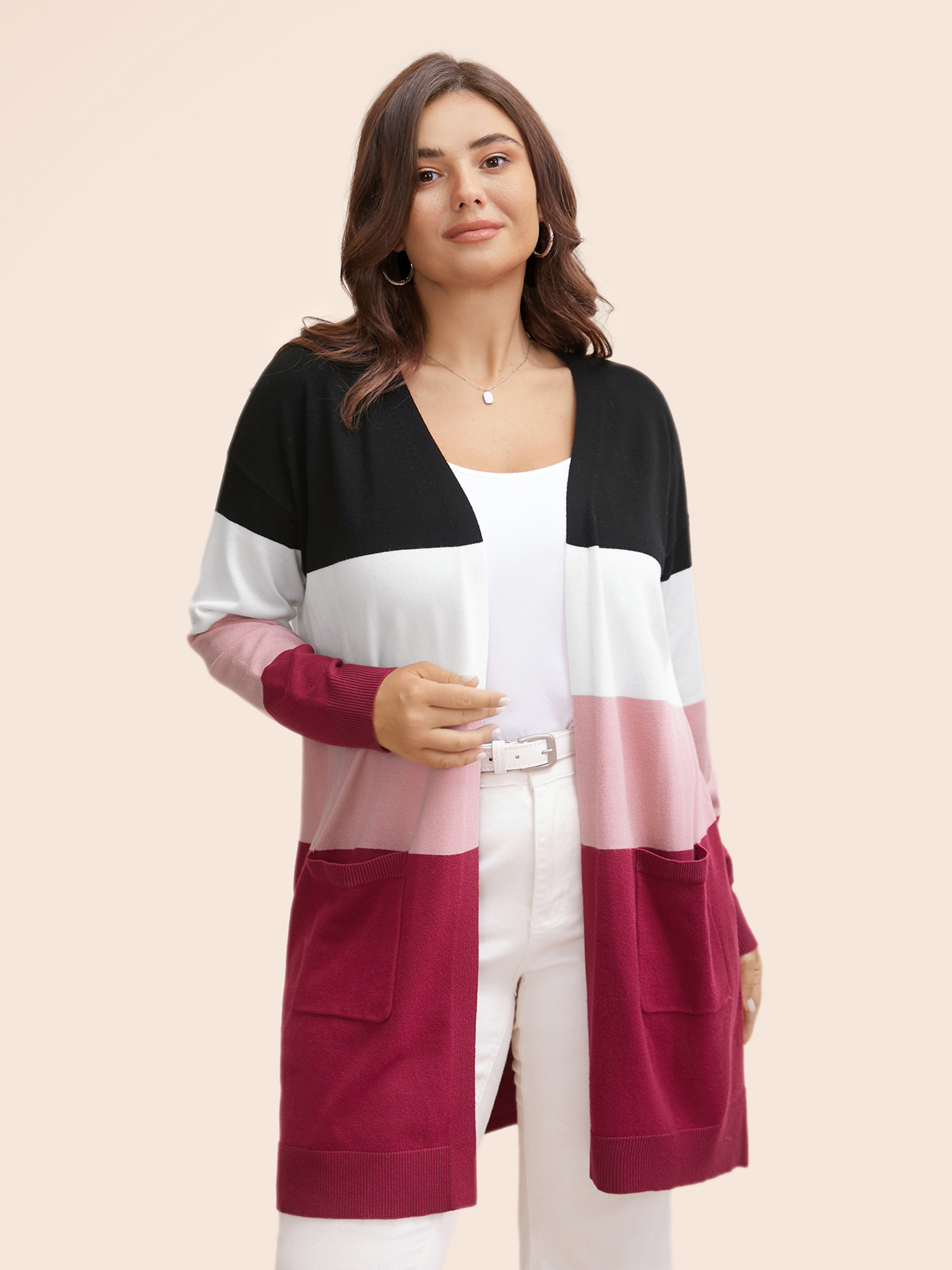 

Plus Size Supersoft Essentials Colorblock Contrast Pocket Cardigan Rosered Women Casual Loose Three Quater Length Sleeve Everyday Cardigans BloomChic