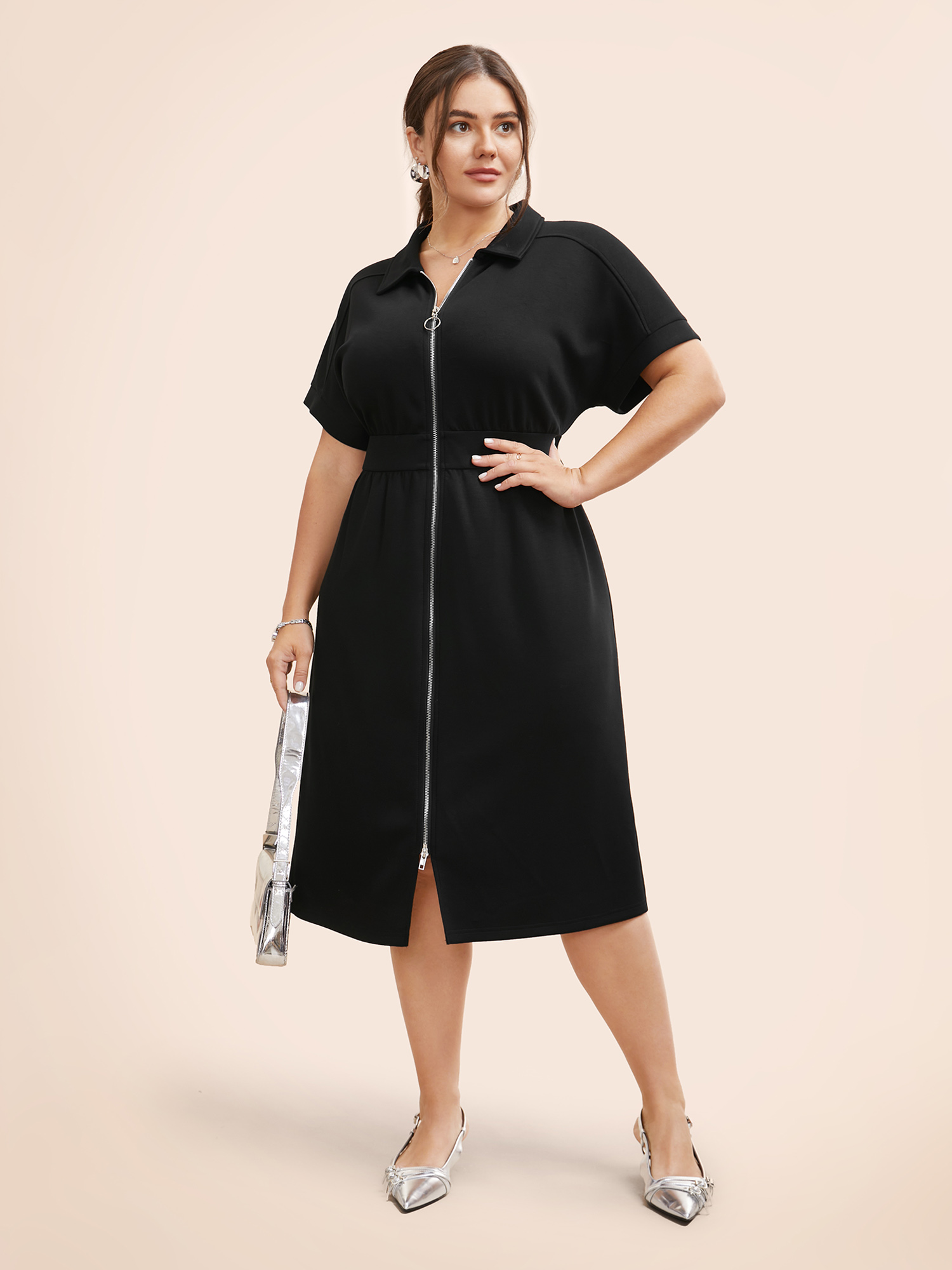 

Plus Size Lapel Collar O Ring Zipper Midi Dress Black Women Work From Home Non Lapel Collar Short sleeve Curvy BloomChic