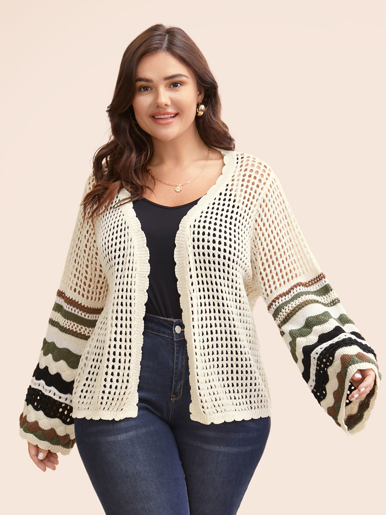 

Plus Size Striped Cut Out Bell Sleeve Cardigan Beige Women Casual Loose Three Quater Length Sleeve Everyday Cardigans BloomChic