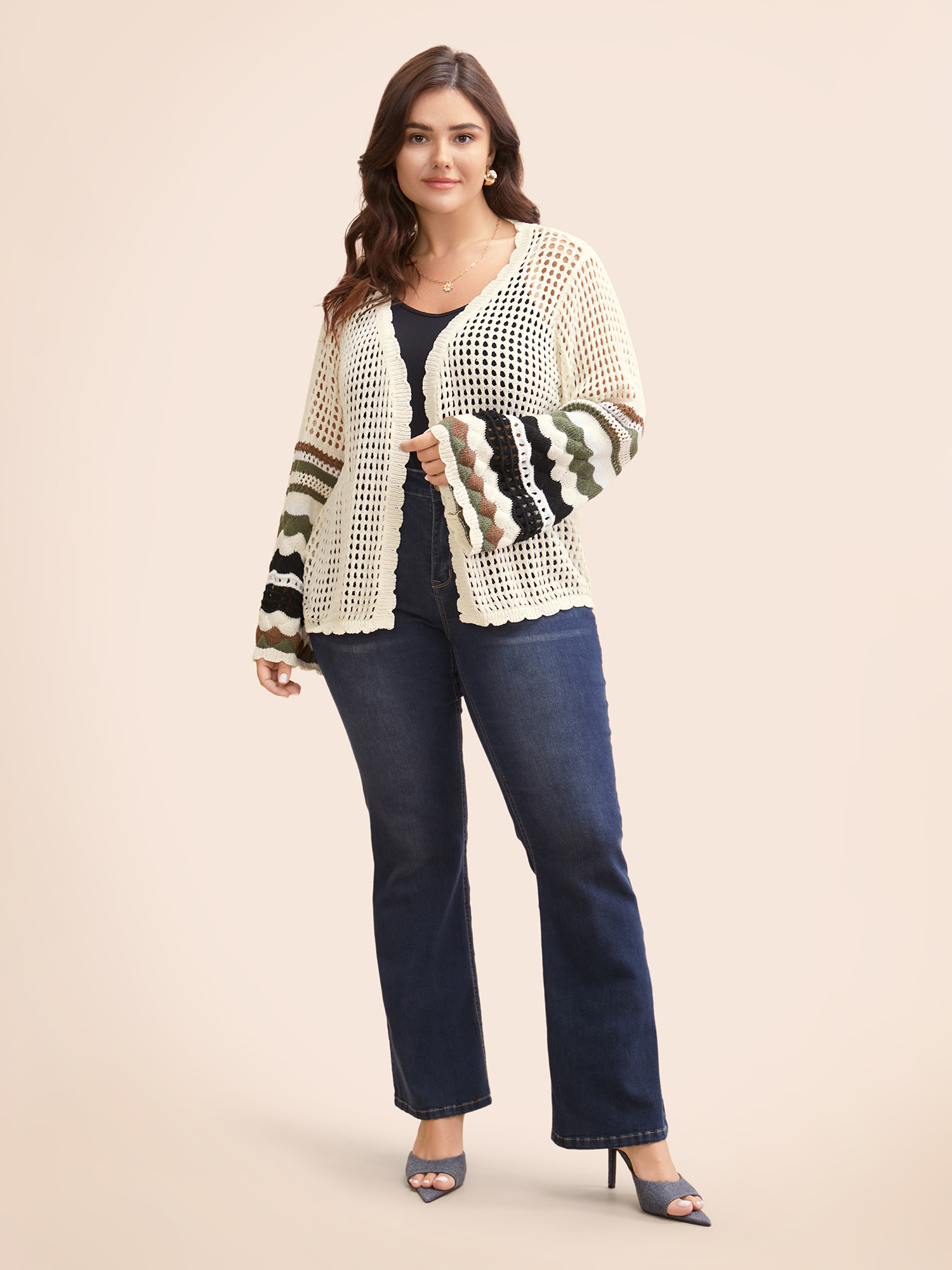 Plus Size Striped Cut Out Bell Sleeve Cardigan Beige Women Casual Loose Three Quater Length Sleeve Everyday Cardigans BloomChic 30/6X 