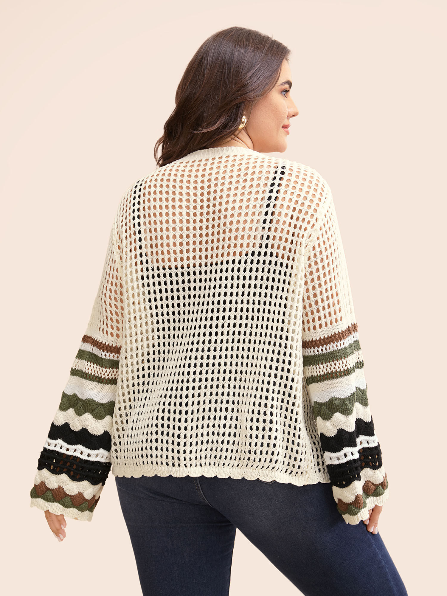 Plus Size Striped Cut Out Bell Sleeve Cardigan Beige Women Casual Loose Three Quater Length Sleeve Everyday Cardigans BloomChic 30/6X 