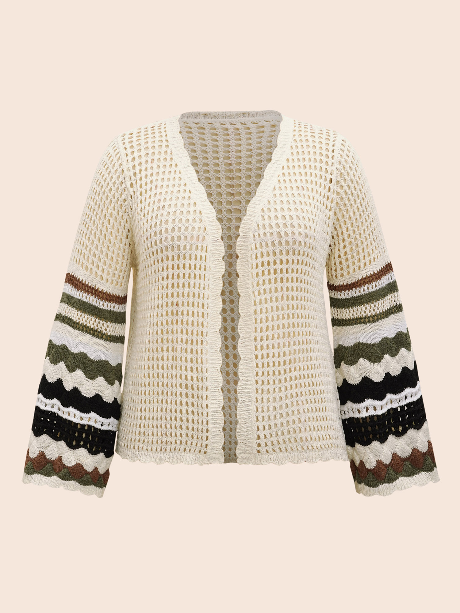 Plus Size Striped Cut Out Bell Sleeve Cardigan Beige Women Casual Loose Three Quater Length Sleeve Everyday Cardigans BloomChic 30/6X 