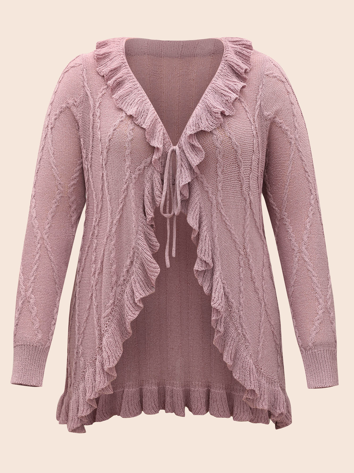 

Plus Size Ruffle Trim Ties Cable Knit Cardigan Dirtypink Women Casual Loose Long Sleeve Everyday Cardigans BloomChic