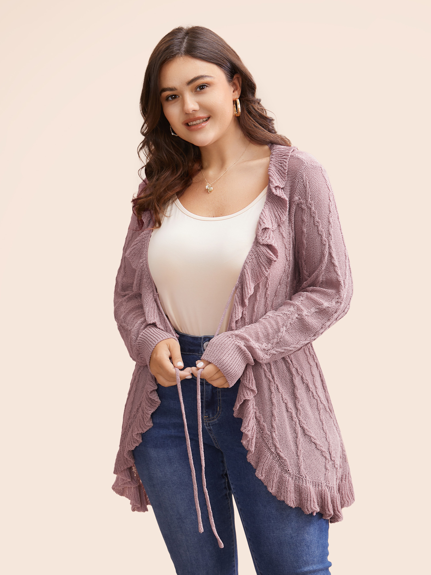 

Plus Size Ruffle Trim Ties Cable Knit Cardigan Dirtypink Women Casual Loose Long Sleeve Everyday Cardigans BloomChic