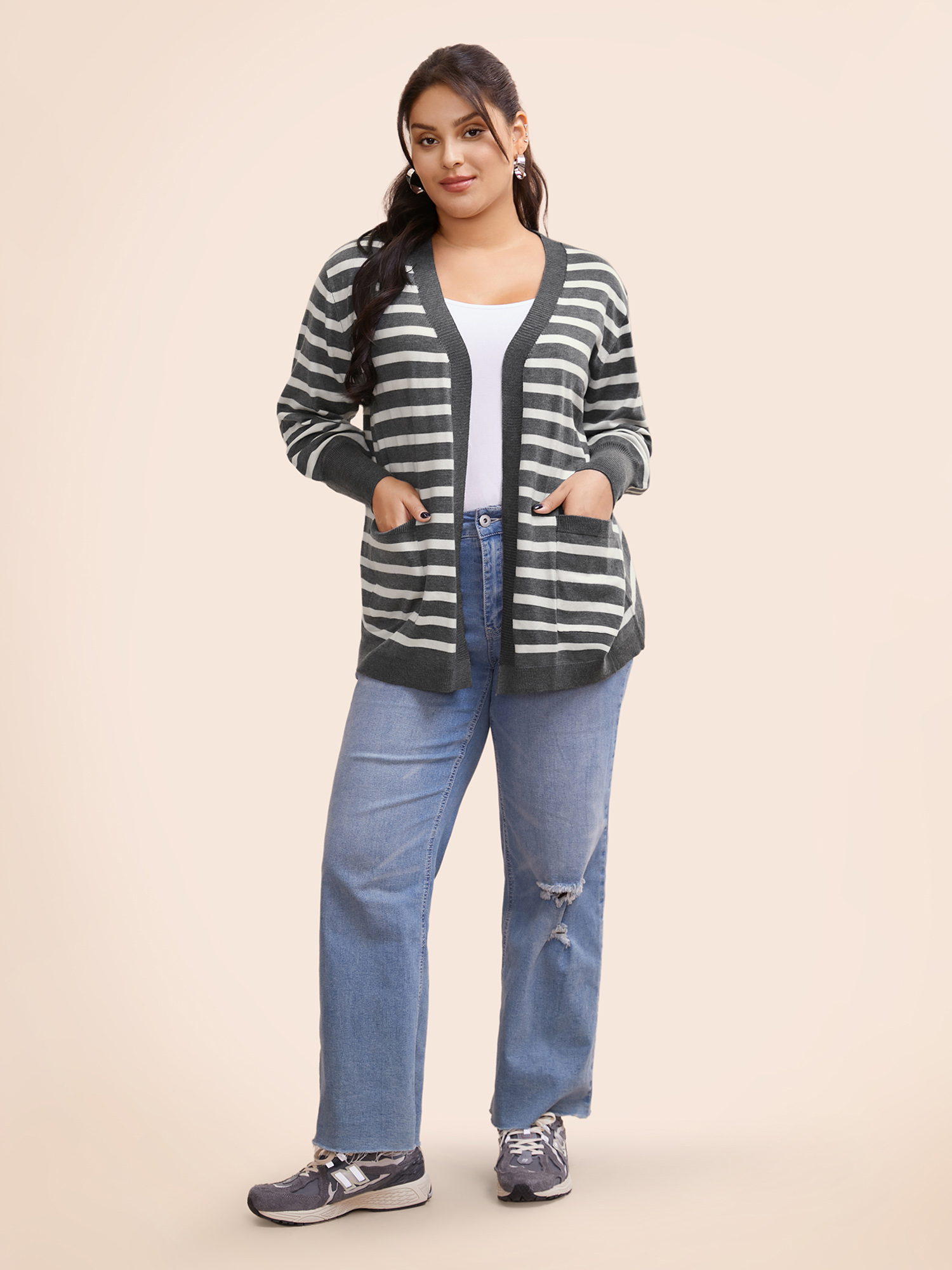 

Plus Size Striped Lantern Sleeve Patched Pocket Cardigan DimGray Women Casual Loose Long Sleeve Everyday Cardigans BloomChic