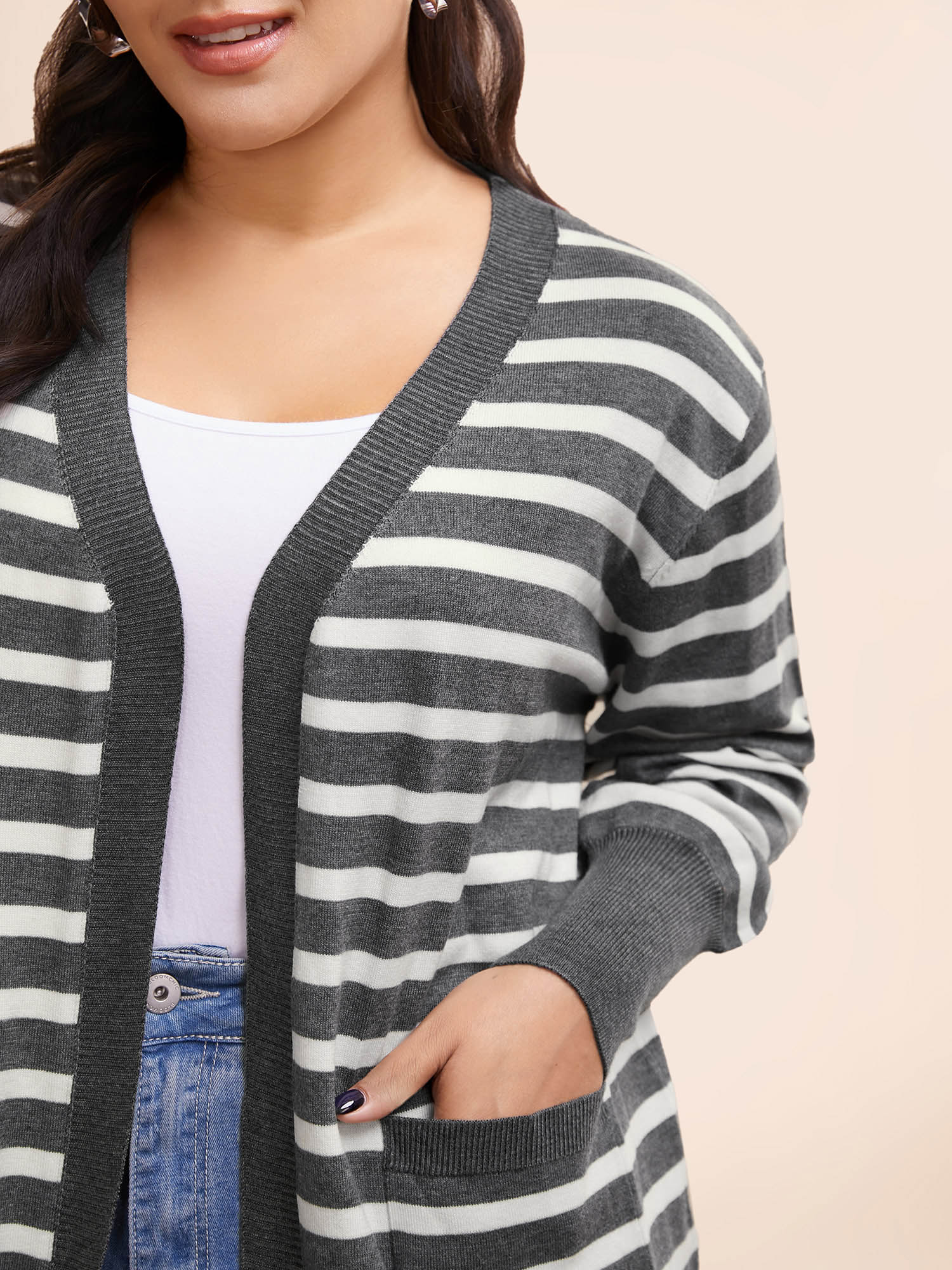 Plus Size Striped Lantern Sleeve Patched Pocket Cardigan DimGray Women Casual Loose Long Sleeve Everyday Cardigans BloomChic 26/4X 
