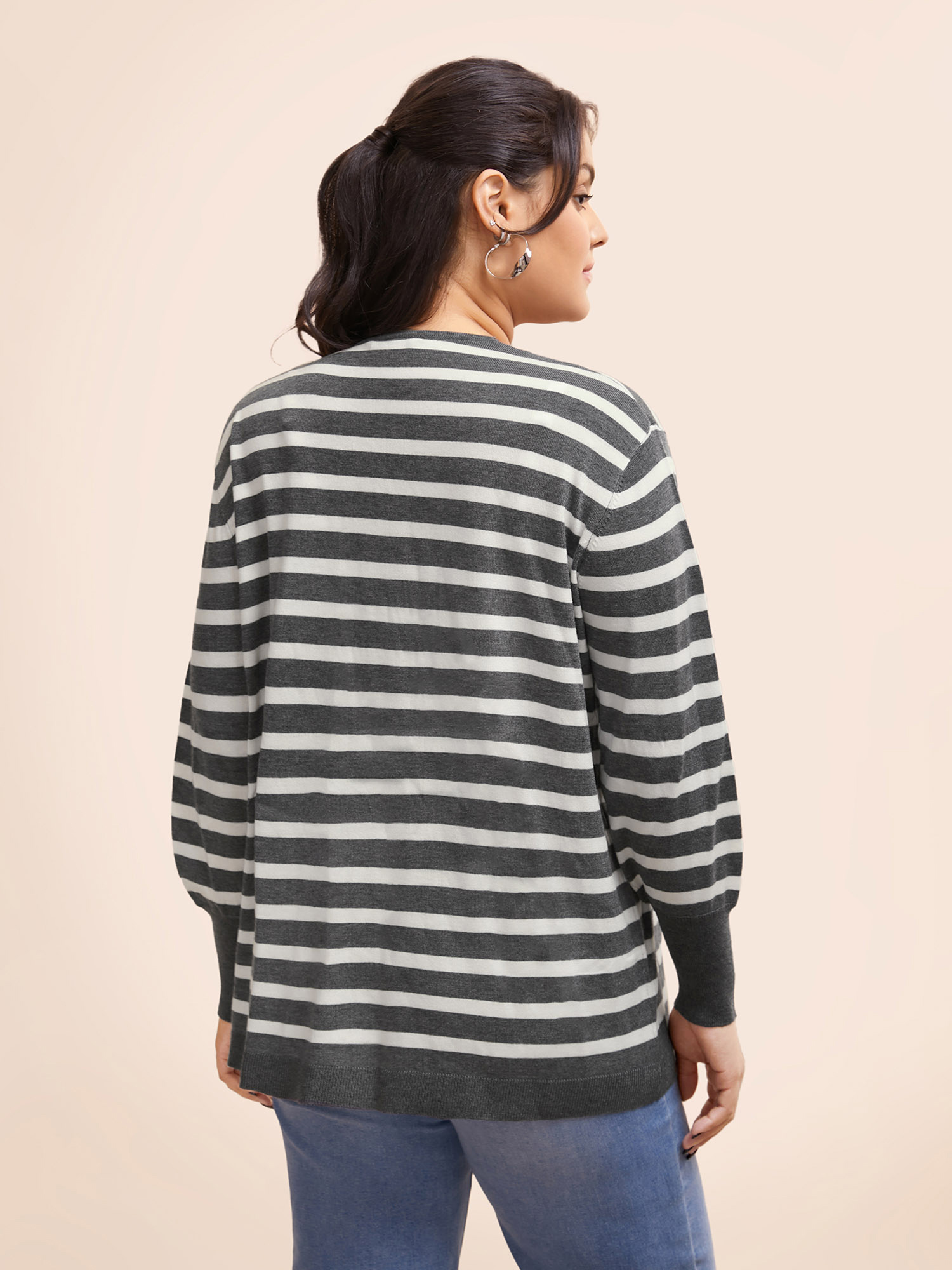 Plus Size Striped Lantern Sleeve Patched Pocket Cardigan DimGray Women Casual Loose Long Sleeve Everyday Cardigans BloomChic 26/4X 