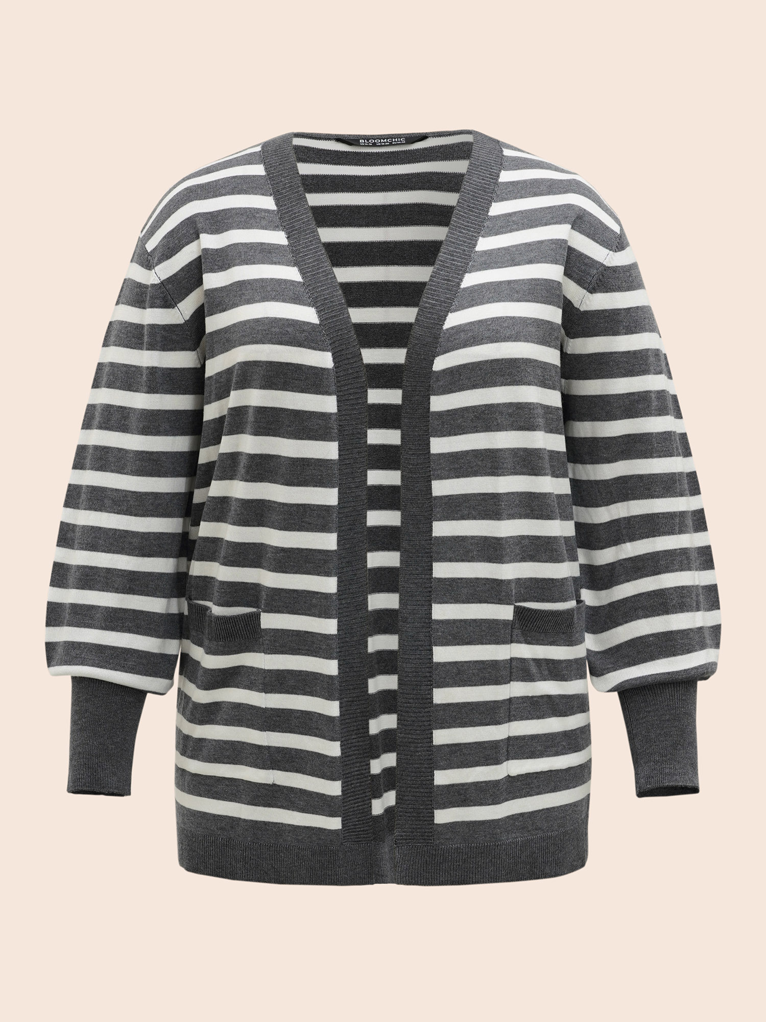 

Plus Size Striped Lantern Sleeve Patched Pocket Cardigan DimGray Women Casual Loose Long Sleeve Everyday Cardigans BloomChic