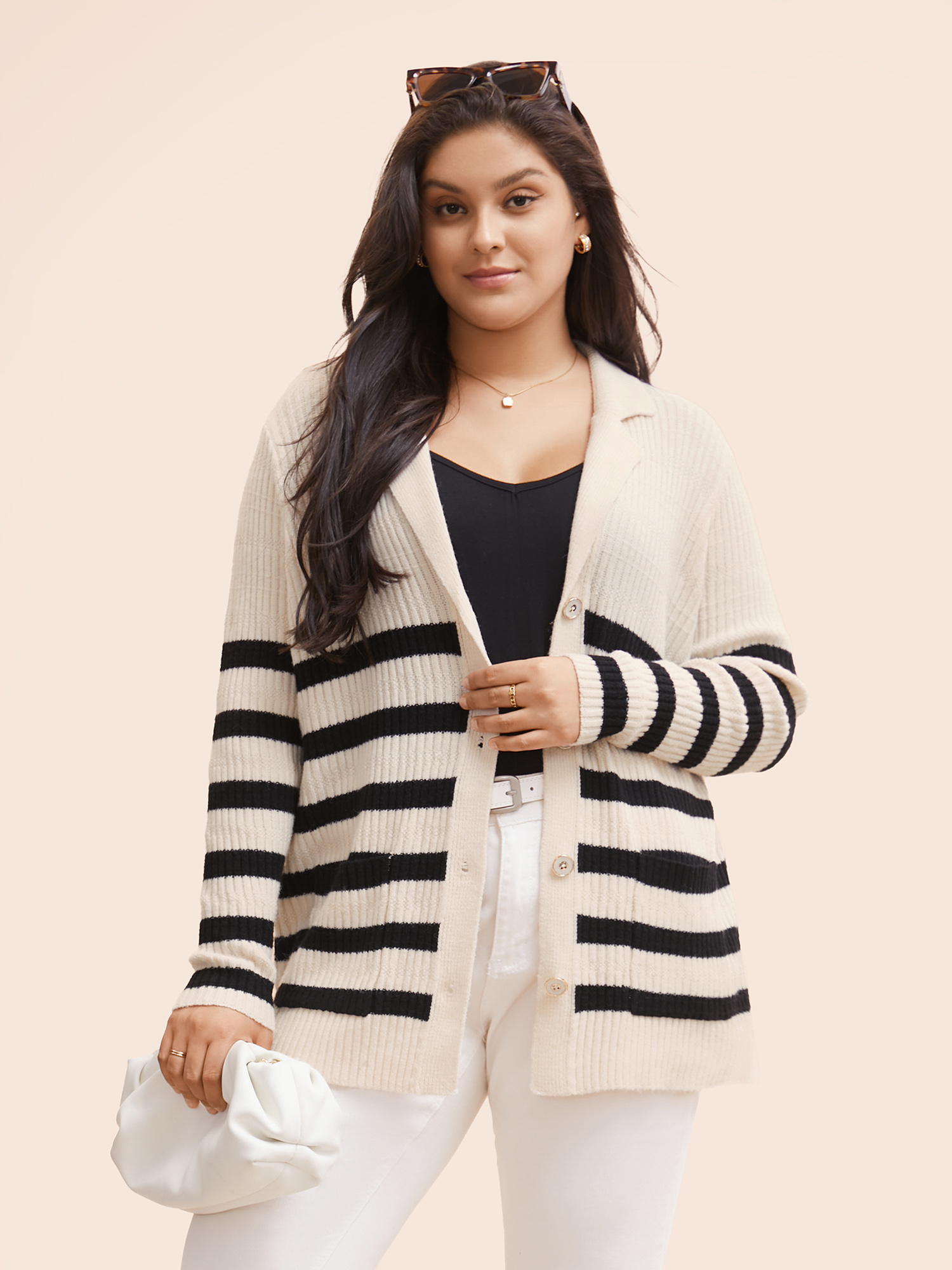 

Plus Size Texture Striped Patch Pocket Cardigan Apricot Women Workwear Essentials Loose Long Sleeve Work Cardigans BloomChic