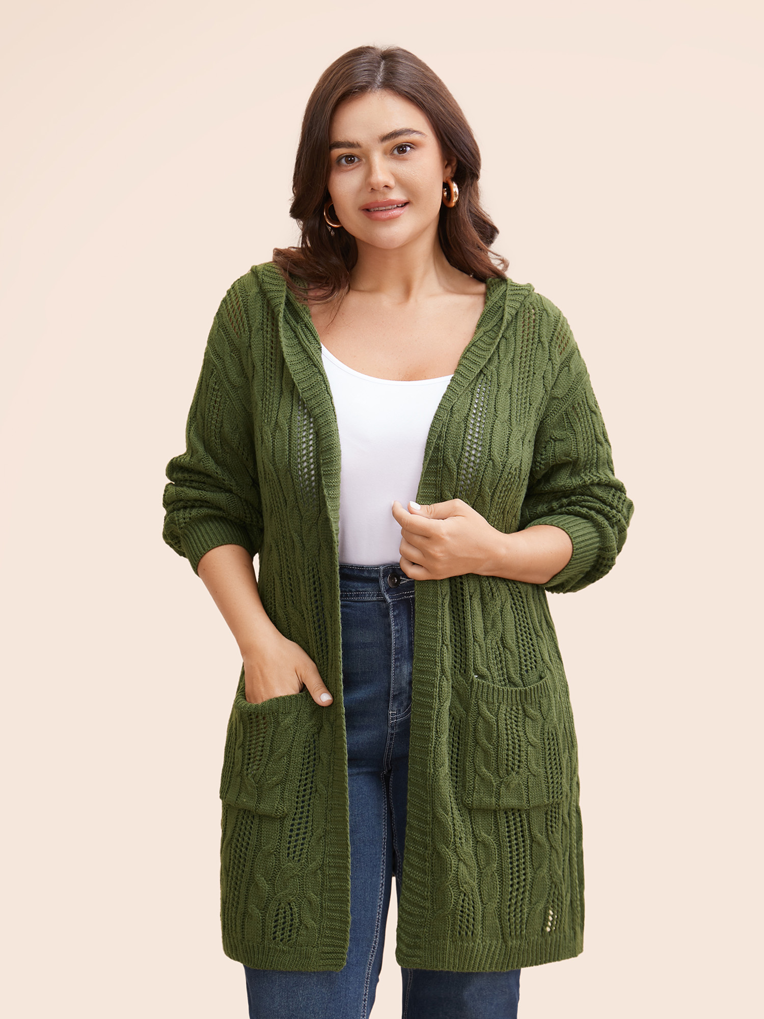 

Plus Size Hooded Cable Knit Open Front Cardigan ArmyGreen Women Casual Loose Long Sleeve Everyday Cardigans BloomChic