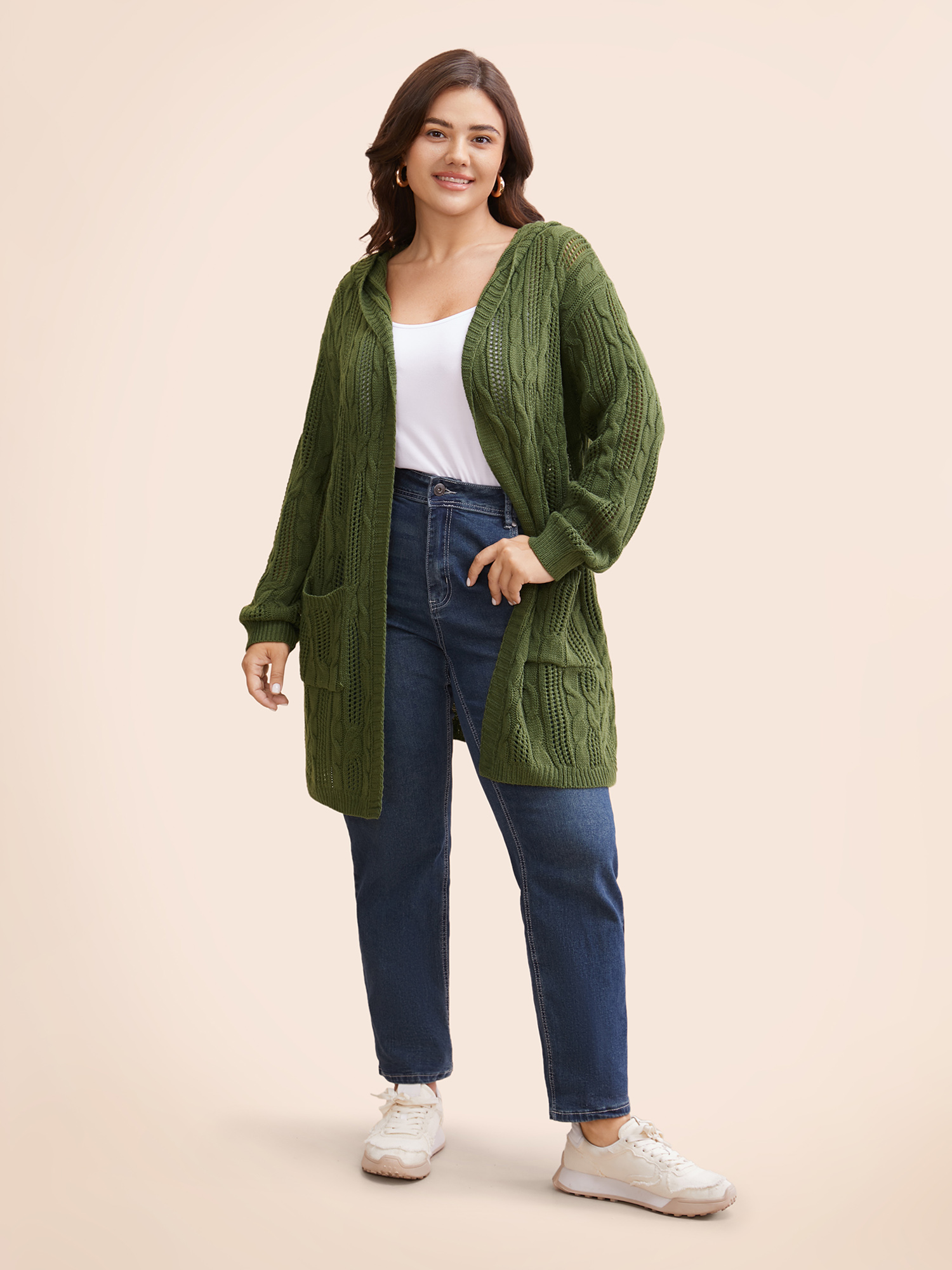 

Plus Size Hooded Cable Knit Open Front Cardigan ArmyGreen Women Casual Loose Long Sleeve Everyday Cardigans BloomChic