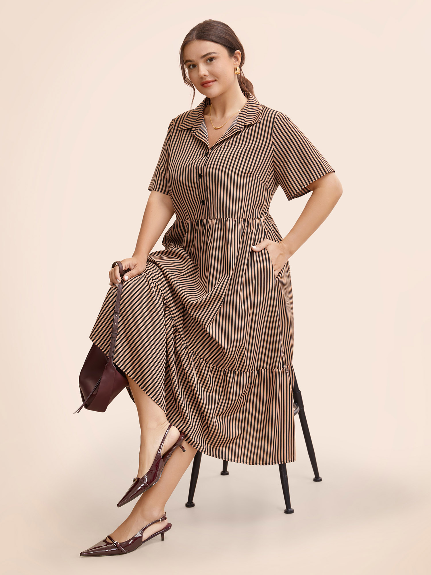 

Plus Size Shirt Collar Striped Ruffle Hem Dress Bronze Women At the Office Button Shirt collar Short sleeve Curvy BloomChic