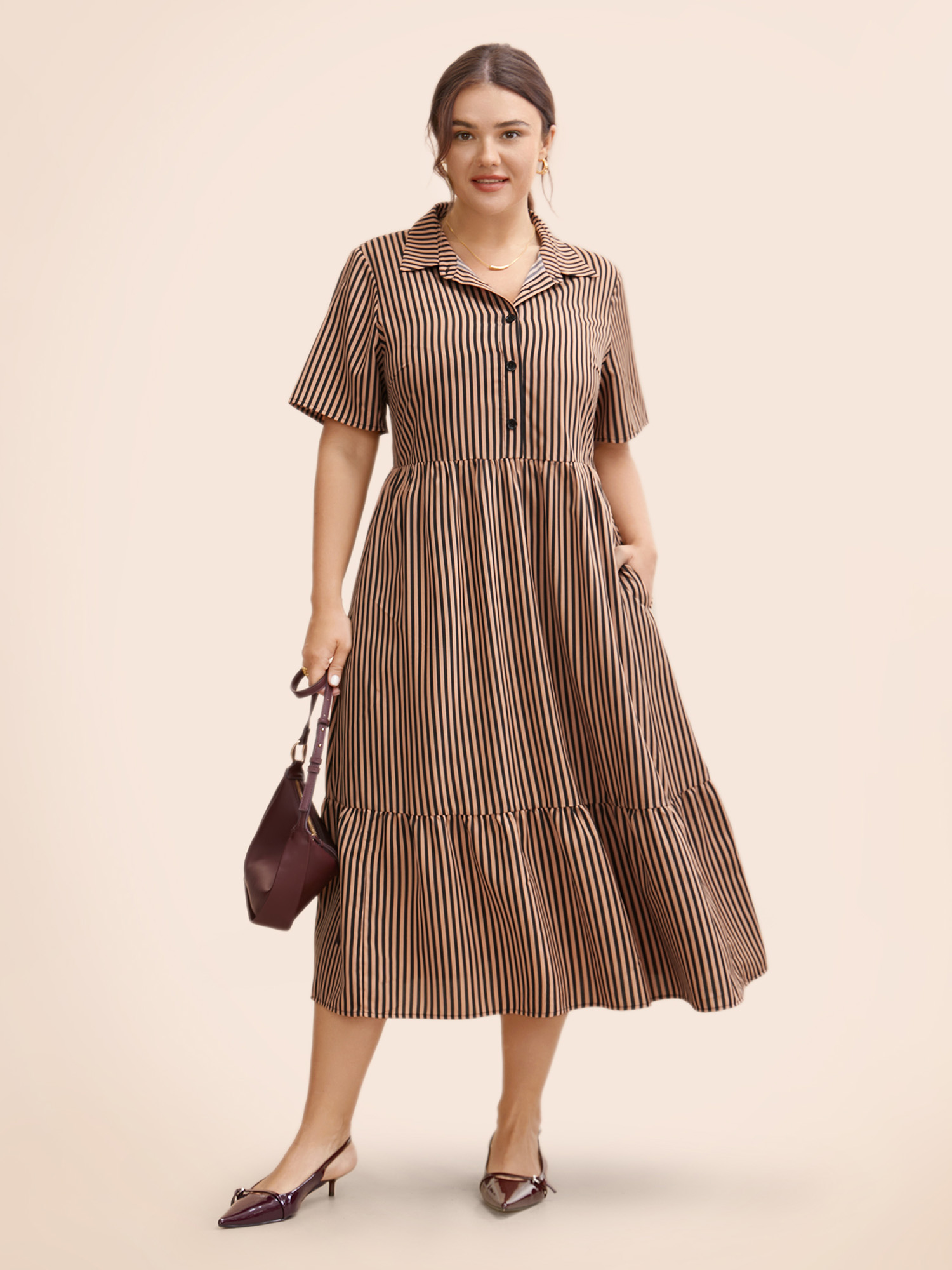 

Plus Size Shirt Collar Striped Ruffle Hem Dress Bronze Women At the Office Button Shirt collar Short sleeve Curvy BloomChic