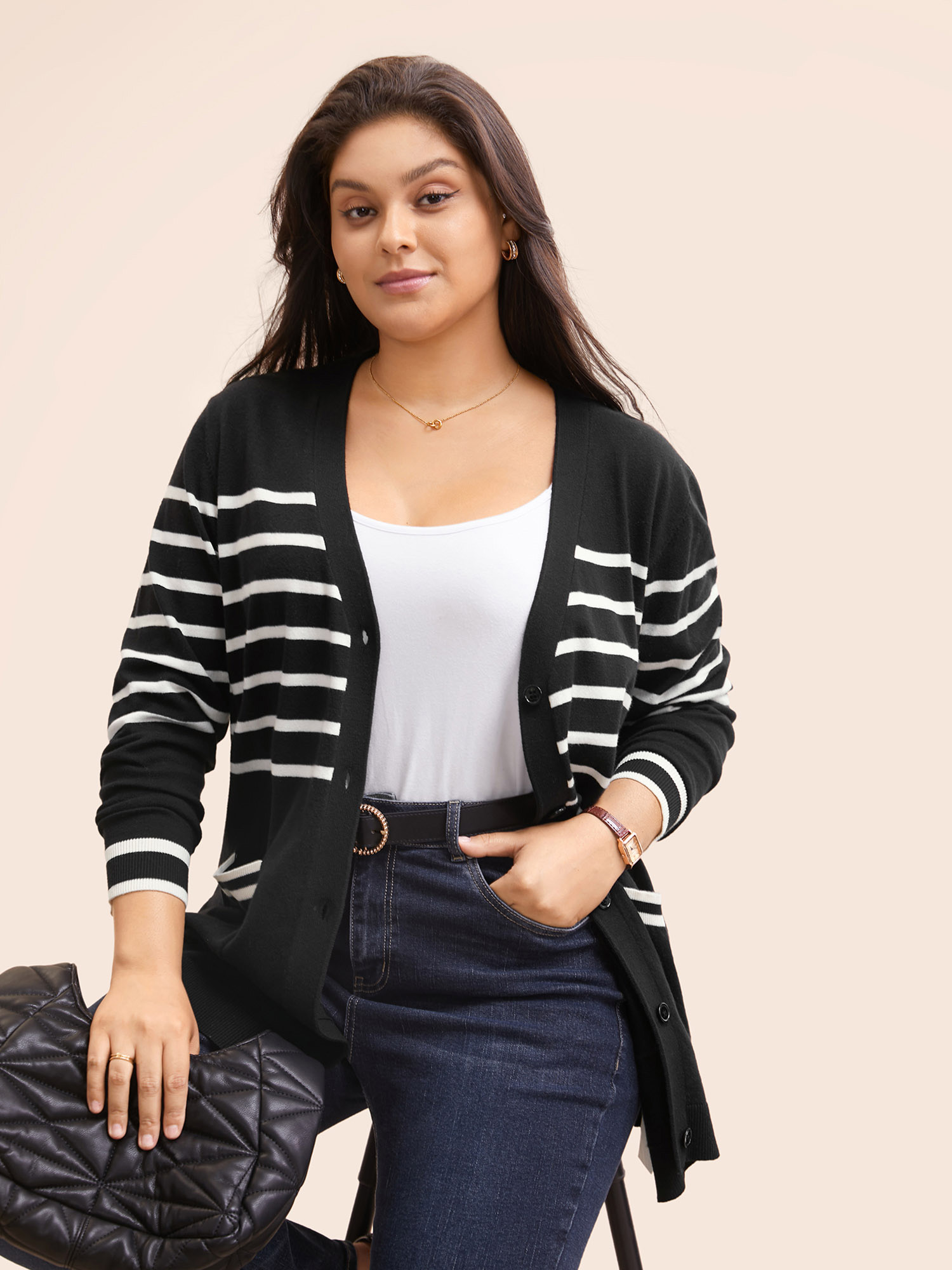 

Plus Size Striped V Neck Button Up Pocket Cardigan Black Women Casual Loose Long Sleeve Everyday Cardigans BloomChic