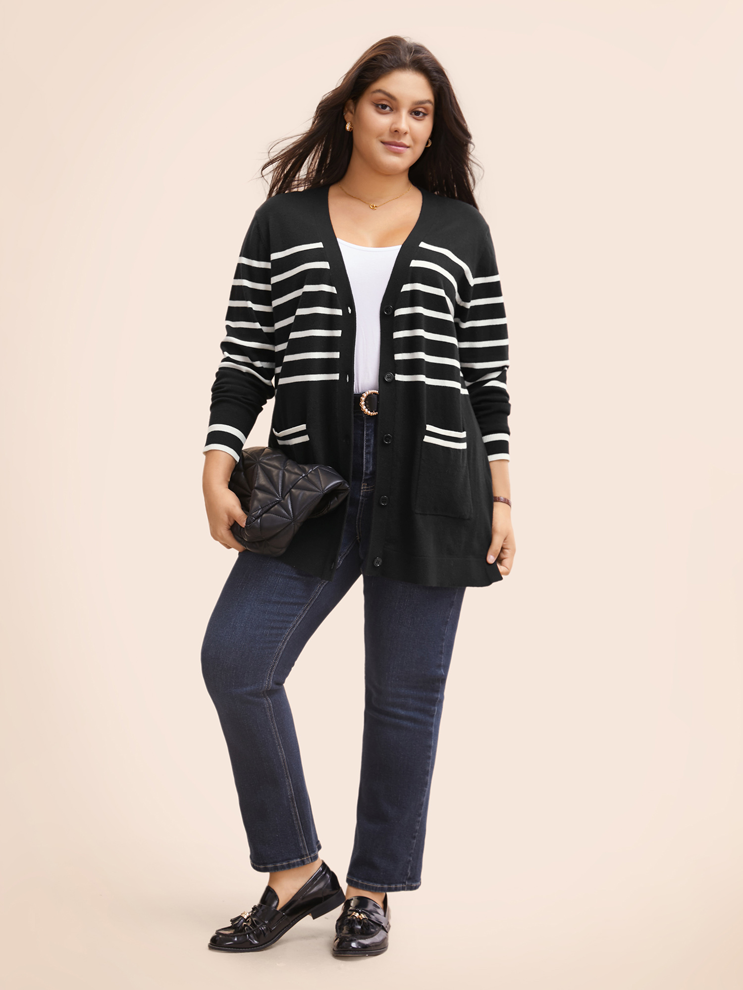 Plus Size Striped V Neck Button Up Pocket Cardigan Black Women Casual Loose Long Sleeve Everyday Cardigans BloomChic 28/5X 
