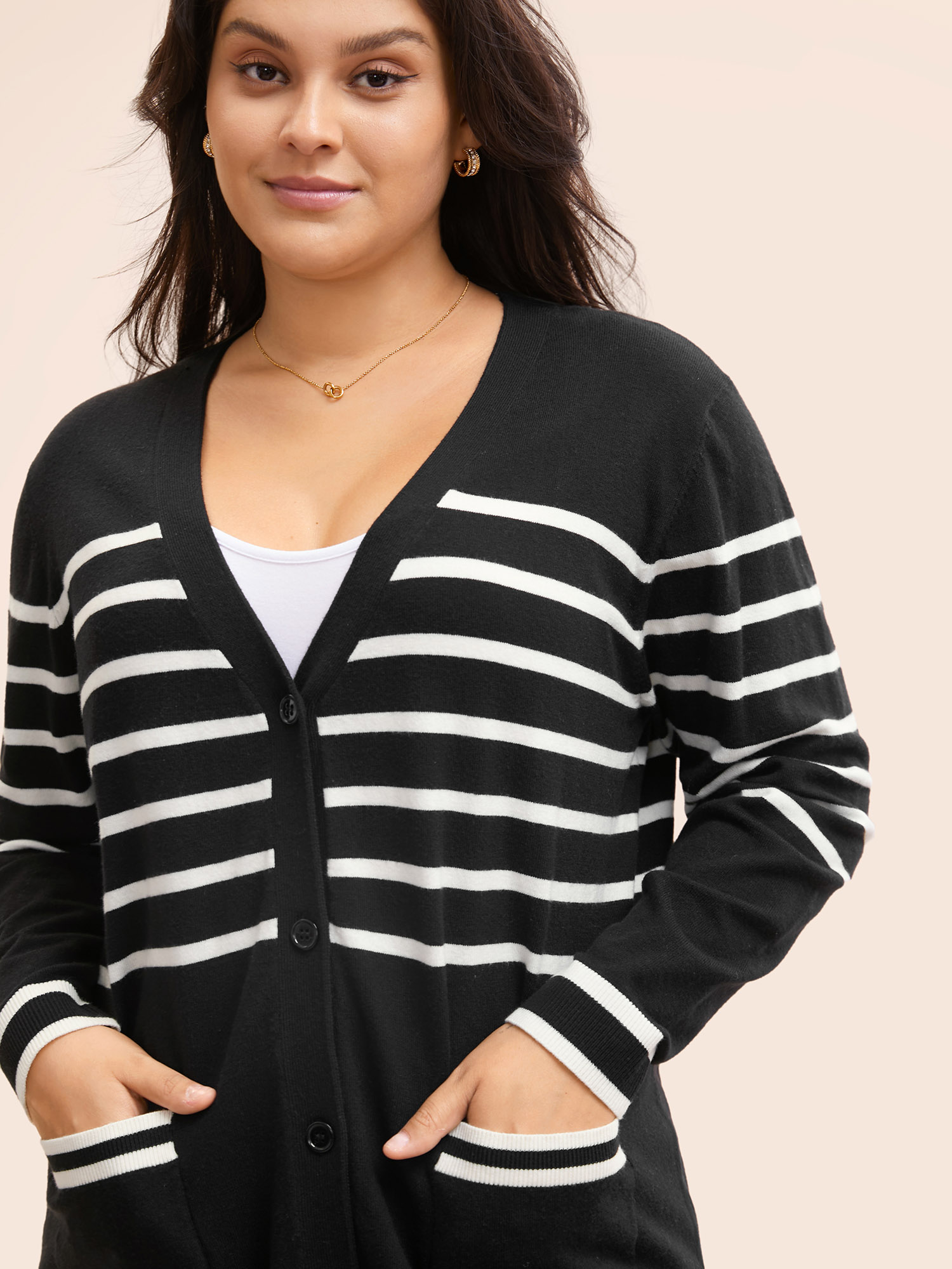 Plus Size Striped V Neck Button Up Pocket Cardigan Black Women Casual Loose Long Sleeve Everyday Cardigans BloomChic 28/5X 