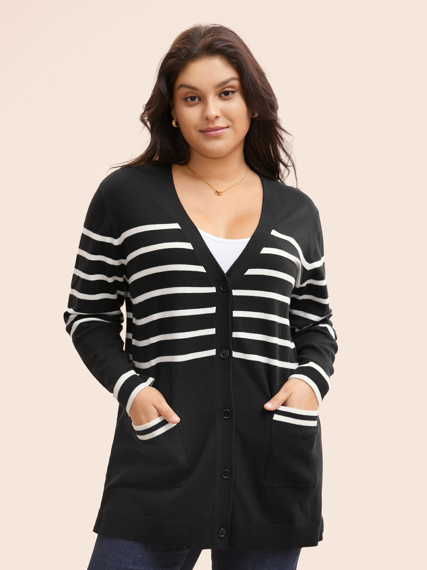 Plus Size Striped V Neck Button Up Pocket Cardigan Black Women Casual Loose Long Sleeve Everyday Cardigans BloomChic 28/5X 