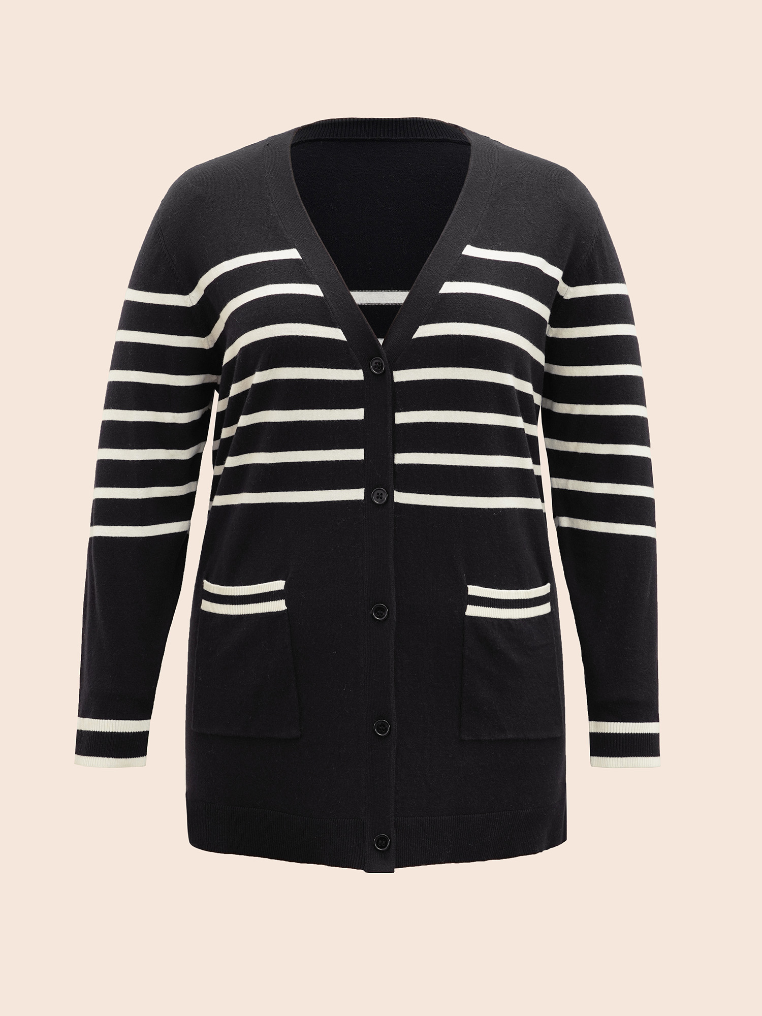Plus Size Striped V Neck Button Up Pocket Cardigan Black Women Casual Loose Long Sleeve Everyday Cardigans BloomChic 28/5X 