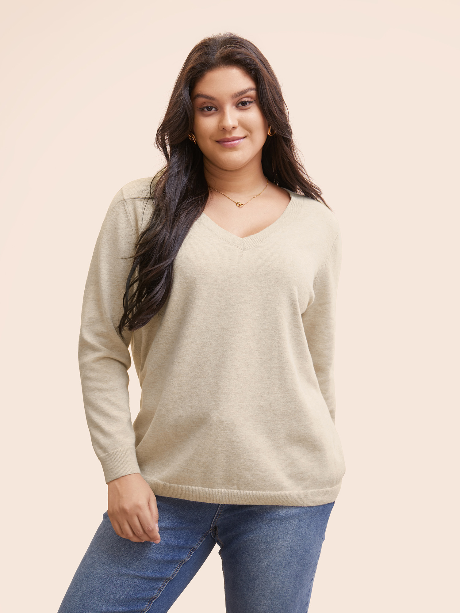 

Plus Size Solid V Neck Wool Blend Pullover Champagne Women Casual Long Sleeve V-neck Everyday Pullovers BloomChic