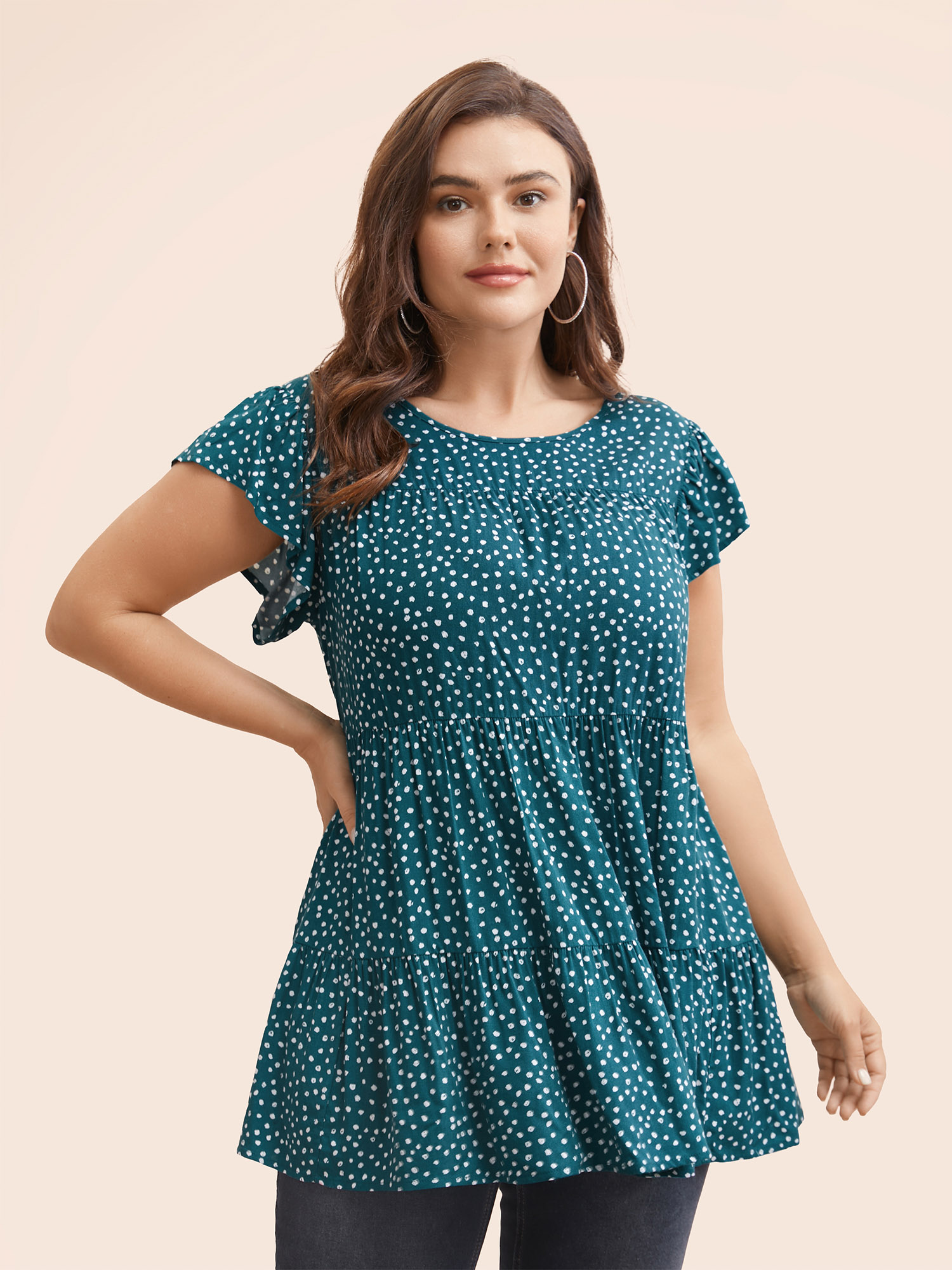 

Plus Size Cyan Allover Print Cap Sleeve Ruffle Hem Gathered Blouse Women Casual Cap Sleeve Round Neck Everyday Blouses BloomChic