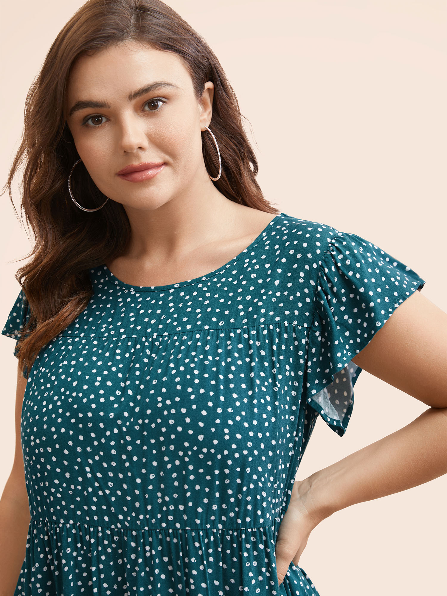 

Plus Size Cyan Allover Print Cap Sleeve Ruffle Hem Gathered Blouse Women Casual Cap Sleeve Round Neck Everyday Blouses BloomChic