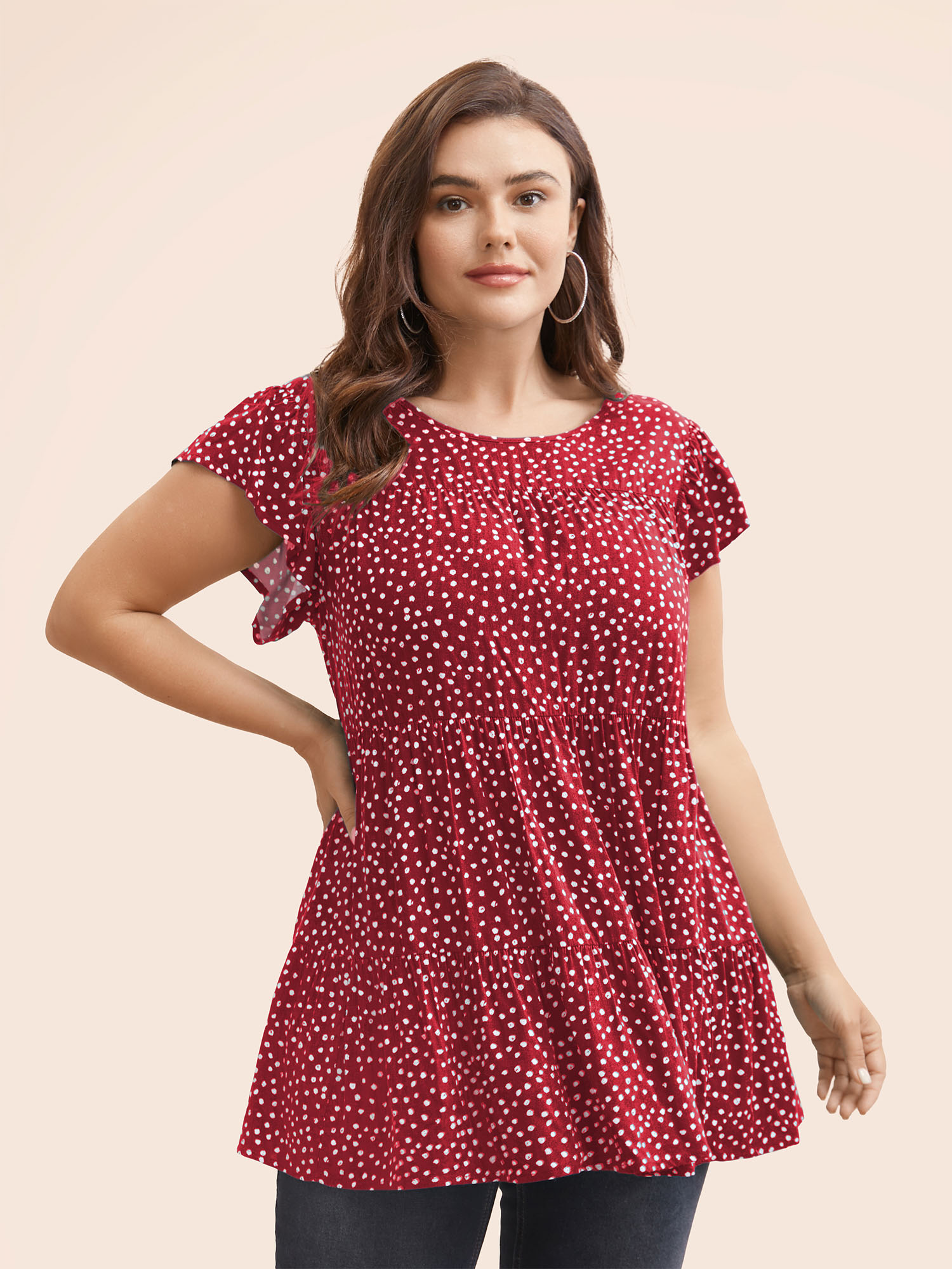 

Plus Size Scarlet Allover Print Cap Sleeve Ruffle Hem Gathered Blouse Women Casual Cap Sleeve Round Neck Everyday Blouses BloomChic