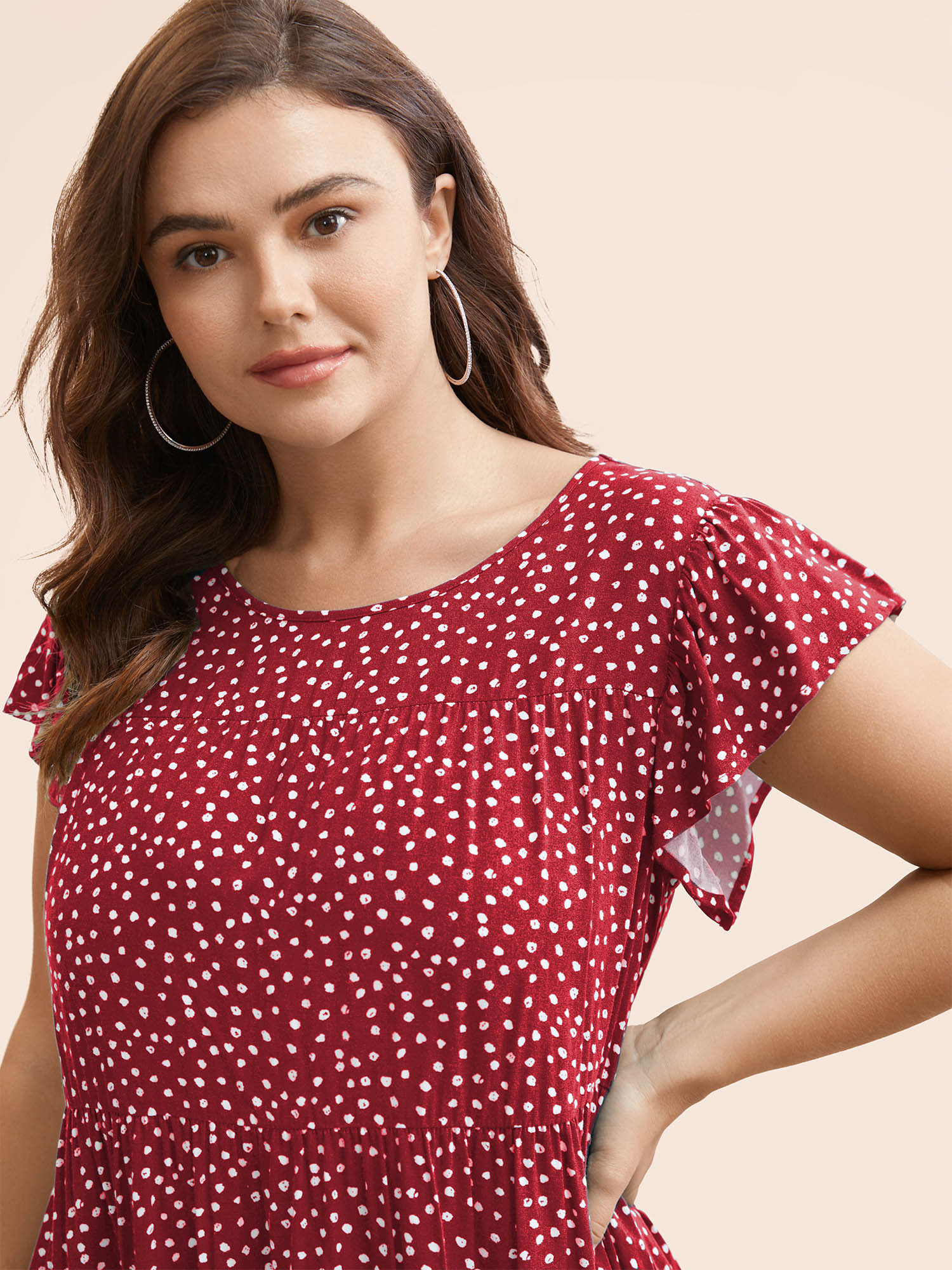 

Plus Size Scarlet Allover Print Cap Sleeve Ruffle Hem Gathered Blouse Women Casual Cap Sleeve Round Neck Everyday Blouses BloomChic