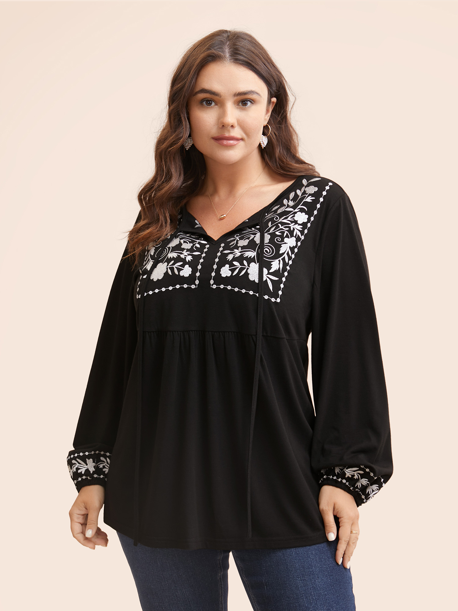 

Floral Embroidered Knot Neck Lantern Sleeve T-shirt, Black