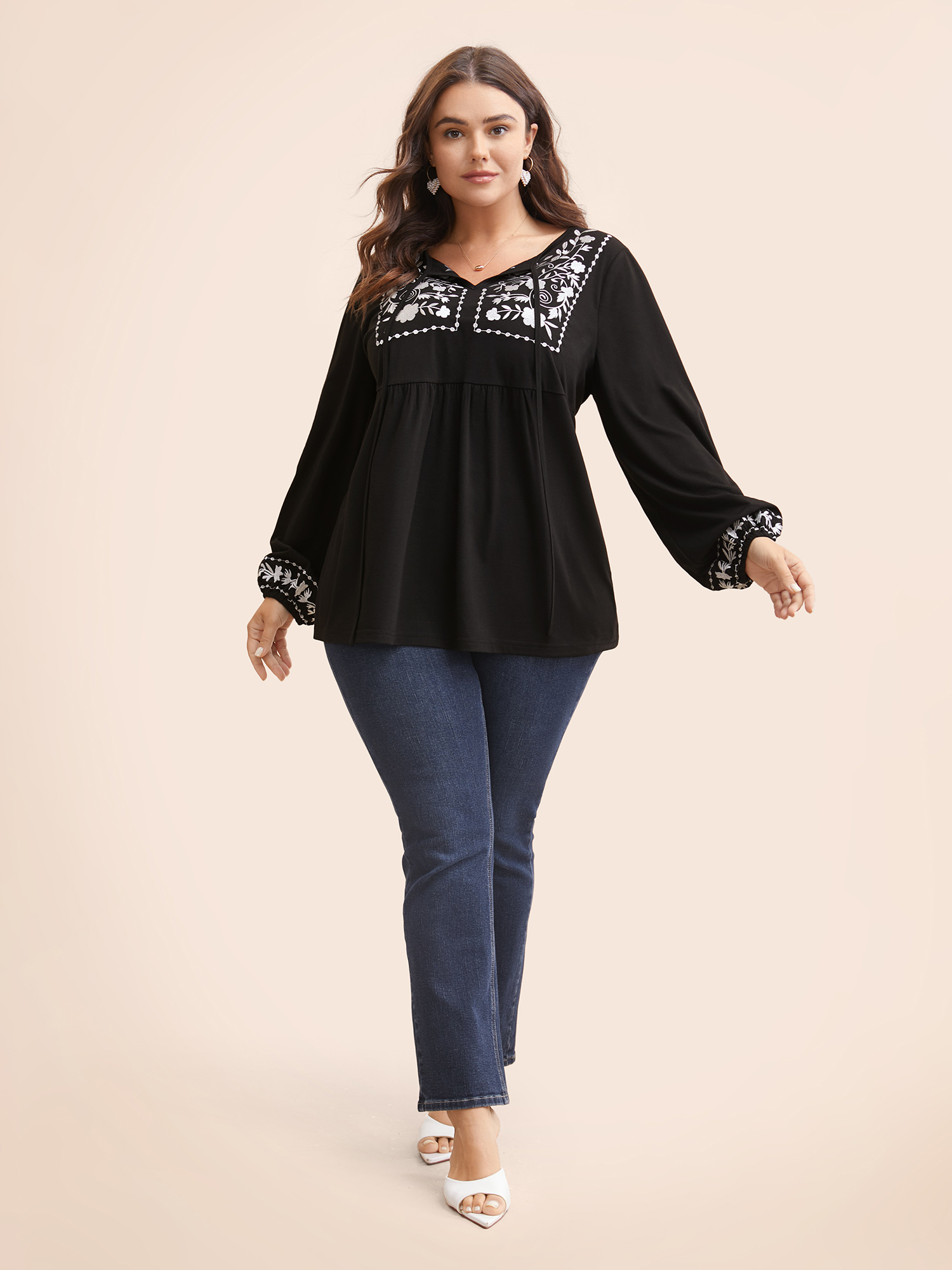 Plus Size Floral Embroidered Knot Neck Lantern Sleeve T-shirt Black Women Elegant Elastic cuffs Silhouette Floral Print Tie Neck Dailywear T-shirts BloomChic 30/6X 