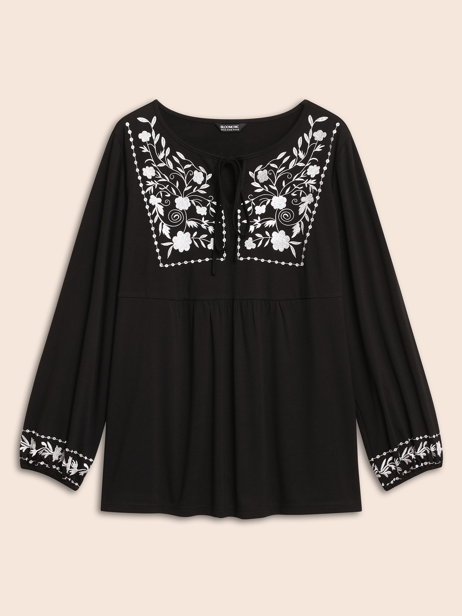 Plus Size Floral Embroidered Knot Neck Lantern Sleeve T-shirt Black Women Elegant Elastic cuffs Silhouette Floral Print Tie Neck Dailywear T-shirts BloomChic 30/6X 