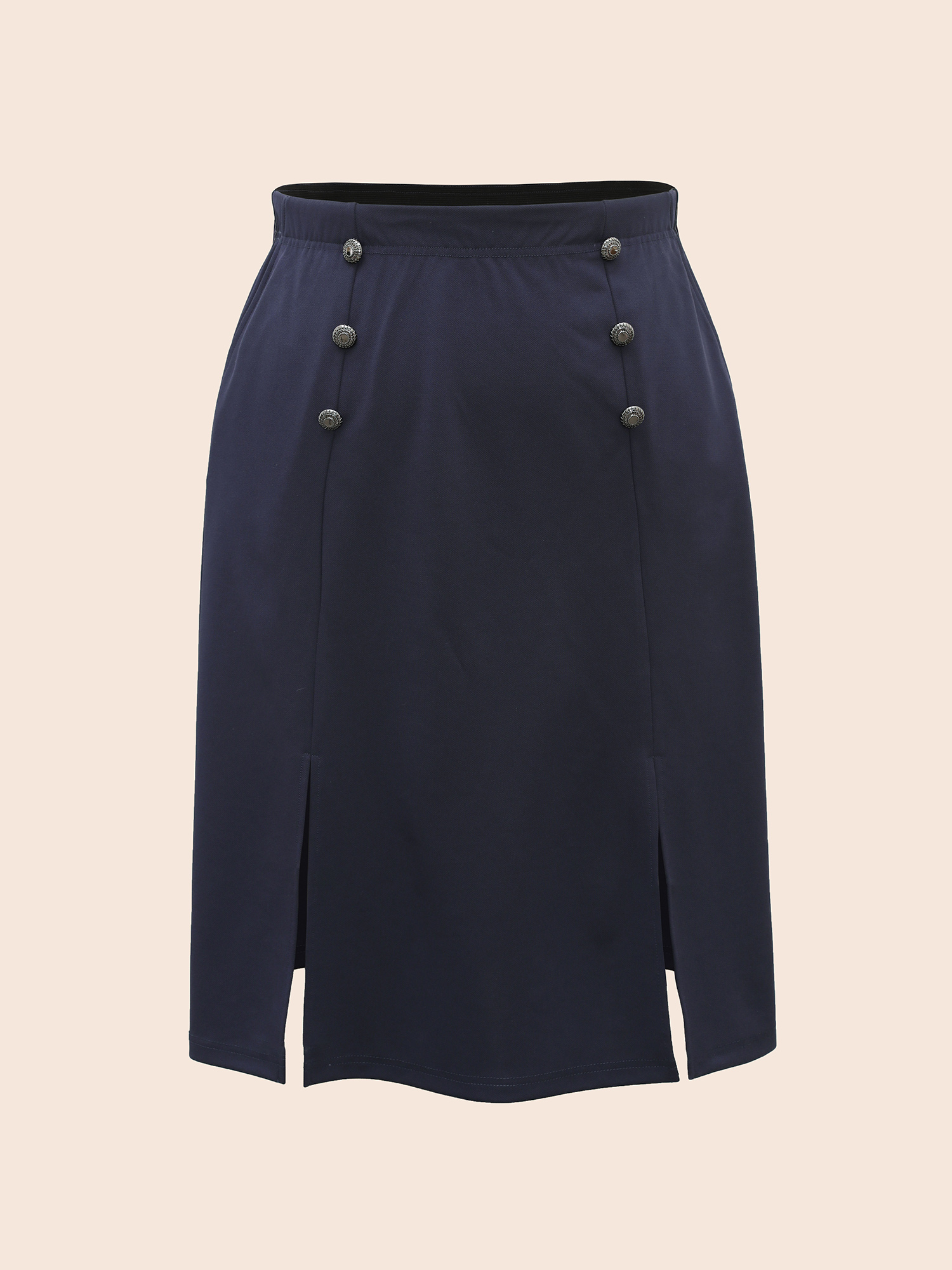 

Plus Size Button Detail Split Hem Medium Stretch Skirt Women Indigo At the Office Button Medium stretch Side seam pocket Work Skirts BloomChic