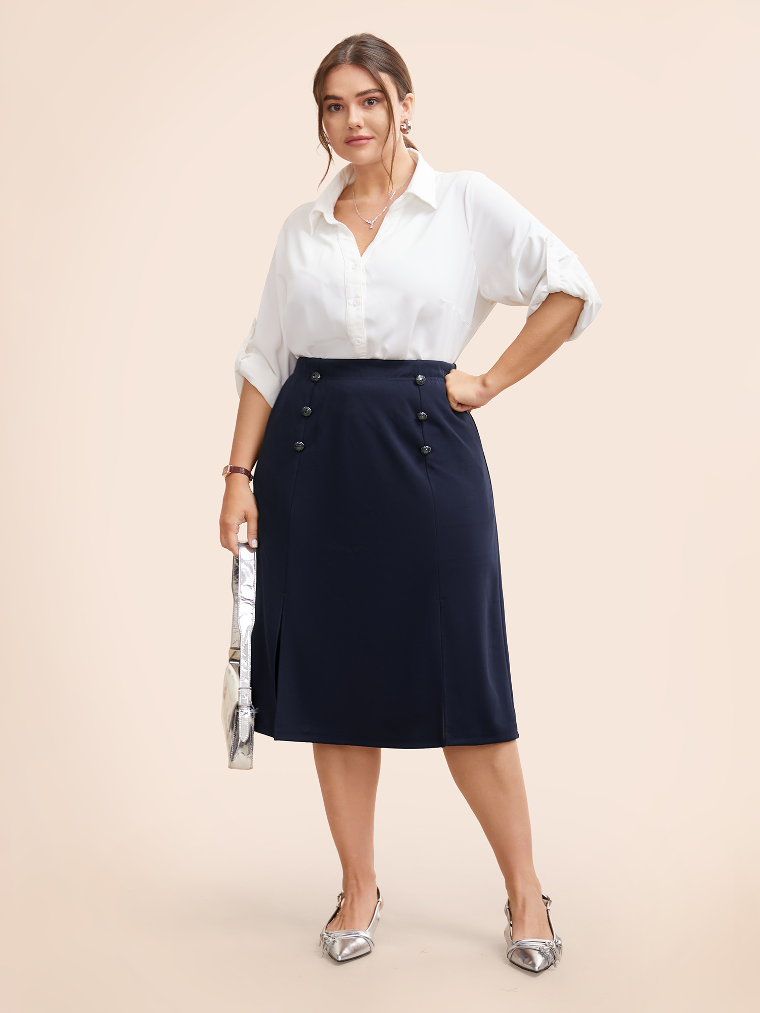 

Plus Size Button Detail Split Hem Medium Stretch Skirt Women Indigo At the Office Button Medium stretch Side seam pocket Work Skirts BloomChic