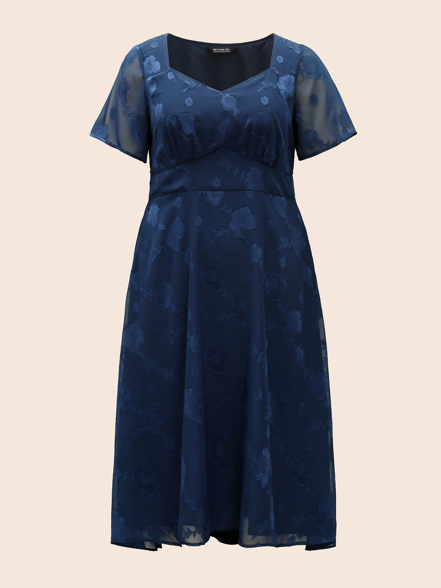 

Plus Size Heart Neck Floral Mesh Textured Dress DarkBlue Women Elegant Texture Heart neckline Short sleeve Curvy BloomChic