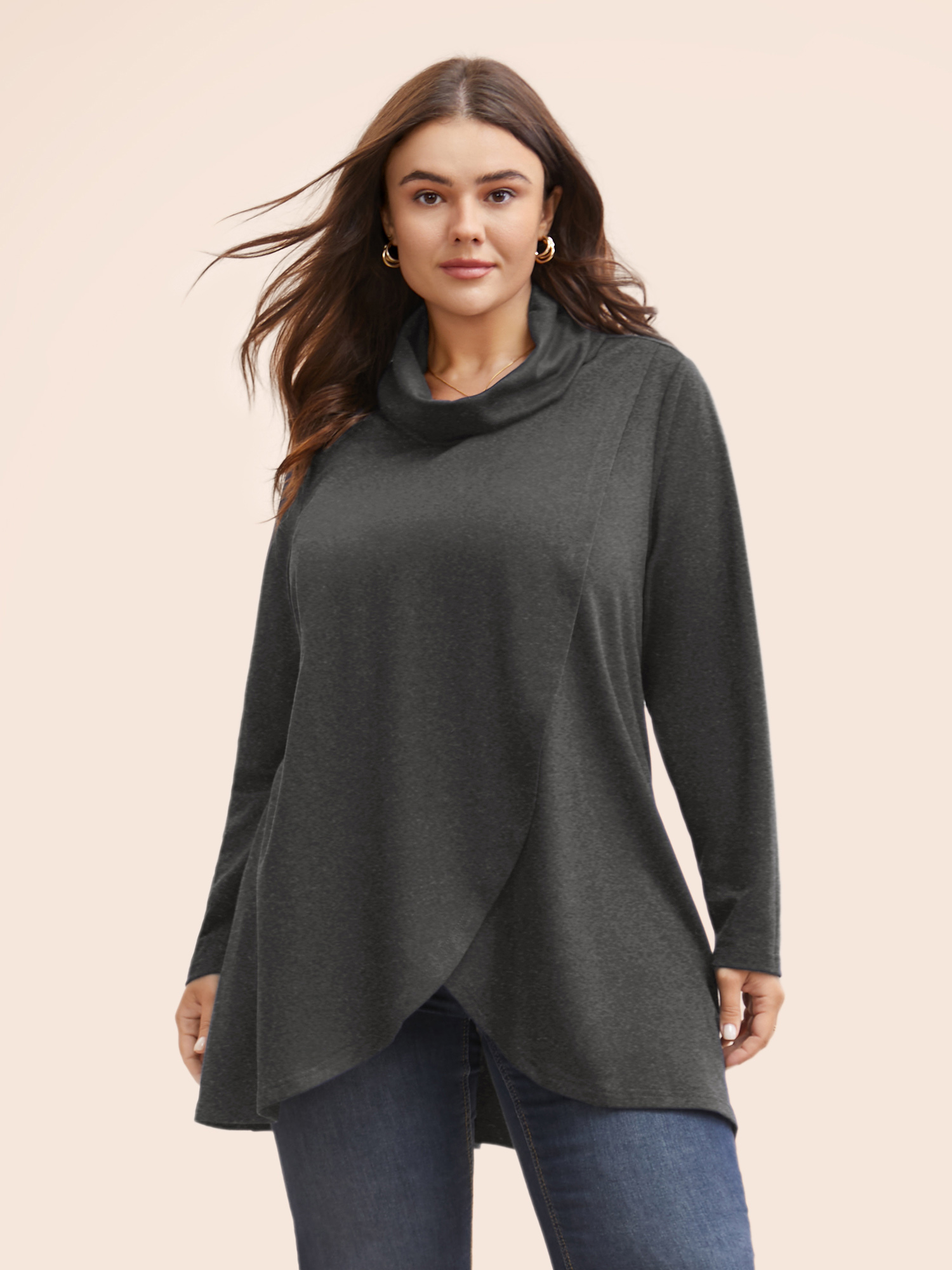 

Plus Size Plain Wrap Hem Turtleneck Sweatshirt Women Gray Elegant Wrap Turtleneck Dailywear Sweatshirts BloomChic