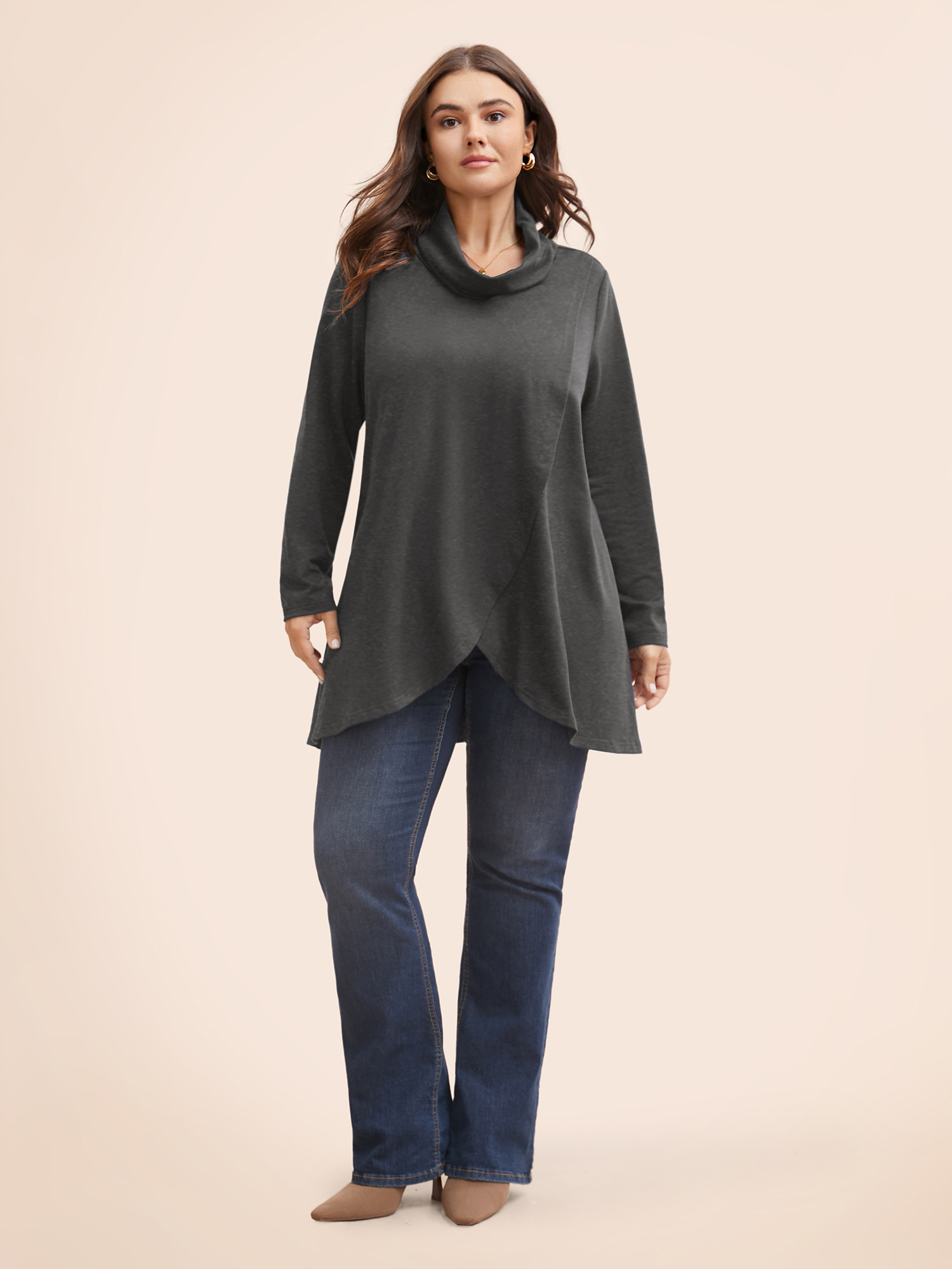 Plus Size Women Dailywear Plain Wrap Regular Regular Sleeve Long Sleeve Turtleneck Elegant Sweatshirts BloomChic 