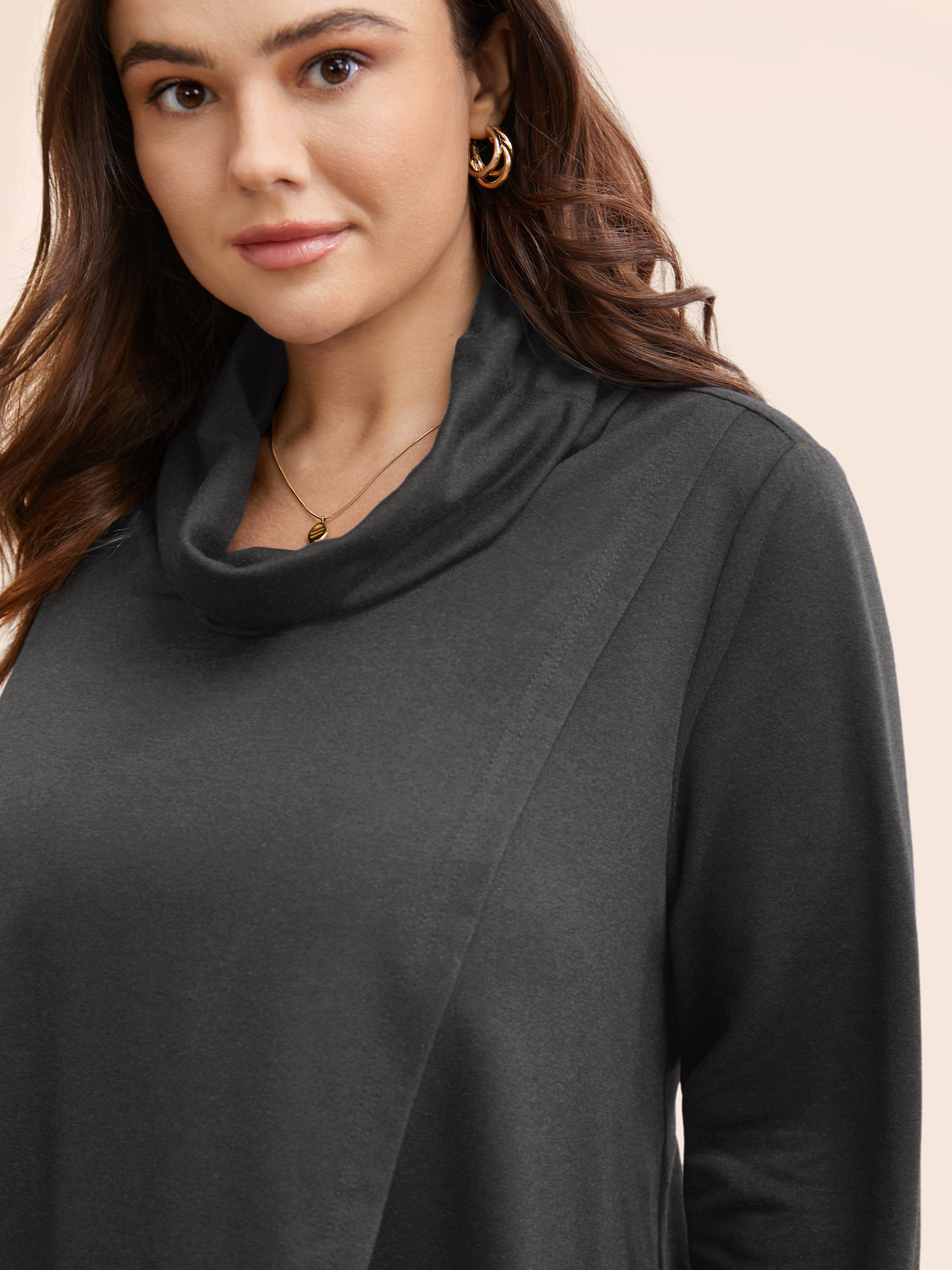 

Plus Size Plain Wrap Hem Turtleneck Sweatshirt Women Gray Elegant Wrap Turtleneck Dailywear Sweatshirts BloomChic