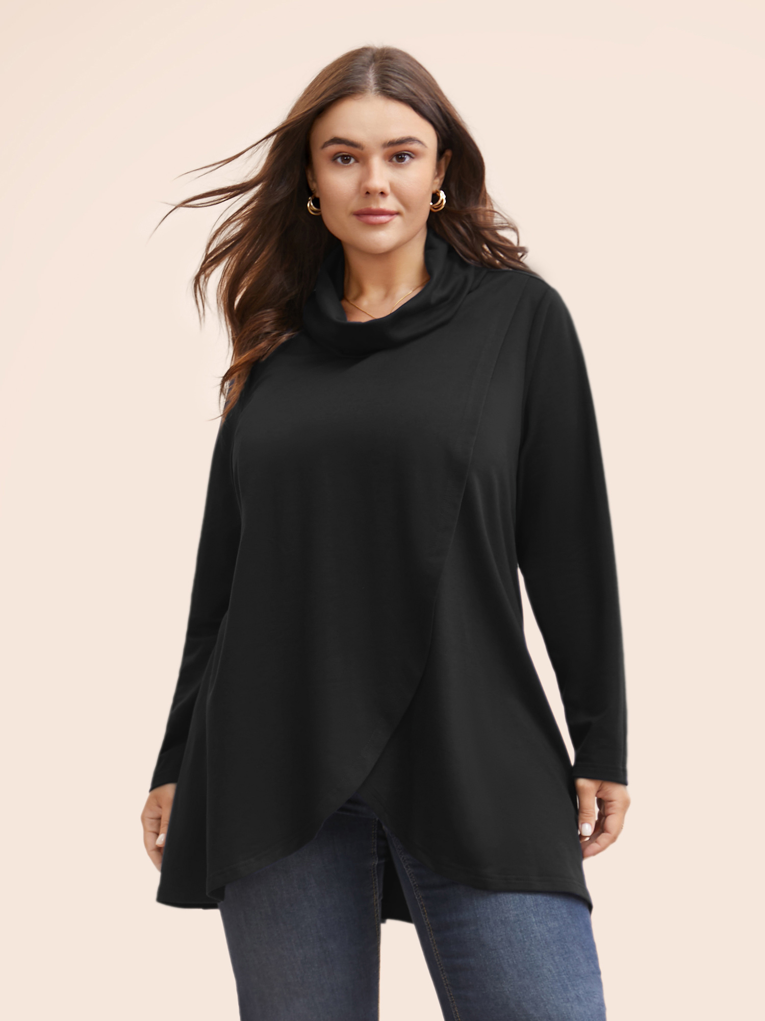 

Plus Size Plain Wrap Hem Turtleneck Sweatshirt Women Black Elegant Wrap Turtleneck Dailywear Sweatshirts BloomChic