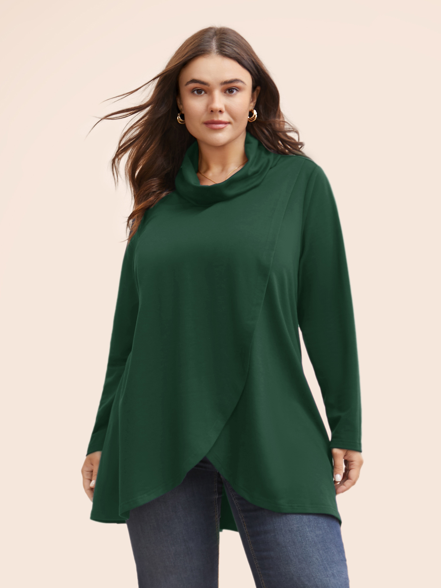 

Plus Size Plain Wrap Hem Turtleneck Sweatshirt Women Cyan Elegant Wrap Turtleneck Dailywear Sweatshirts BloomChic